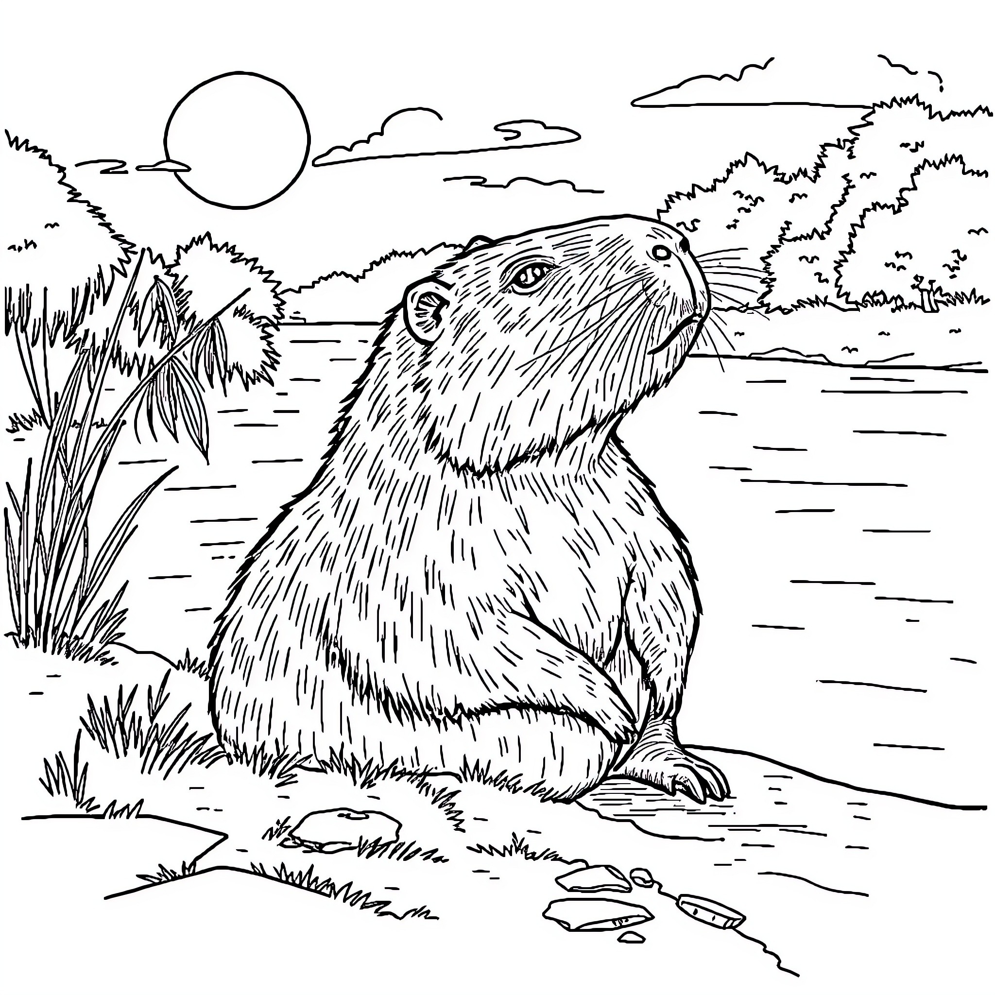 Capybara relaxing by the lakeside Coloring Page (free black-and-white line drawing printable PDF for all, from beginners to advanced learners, including children, teens, adults, and seniors)