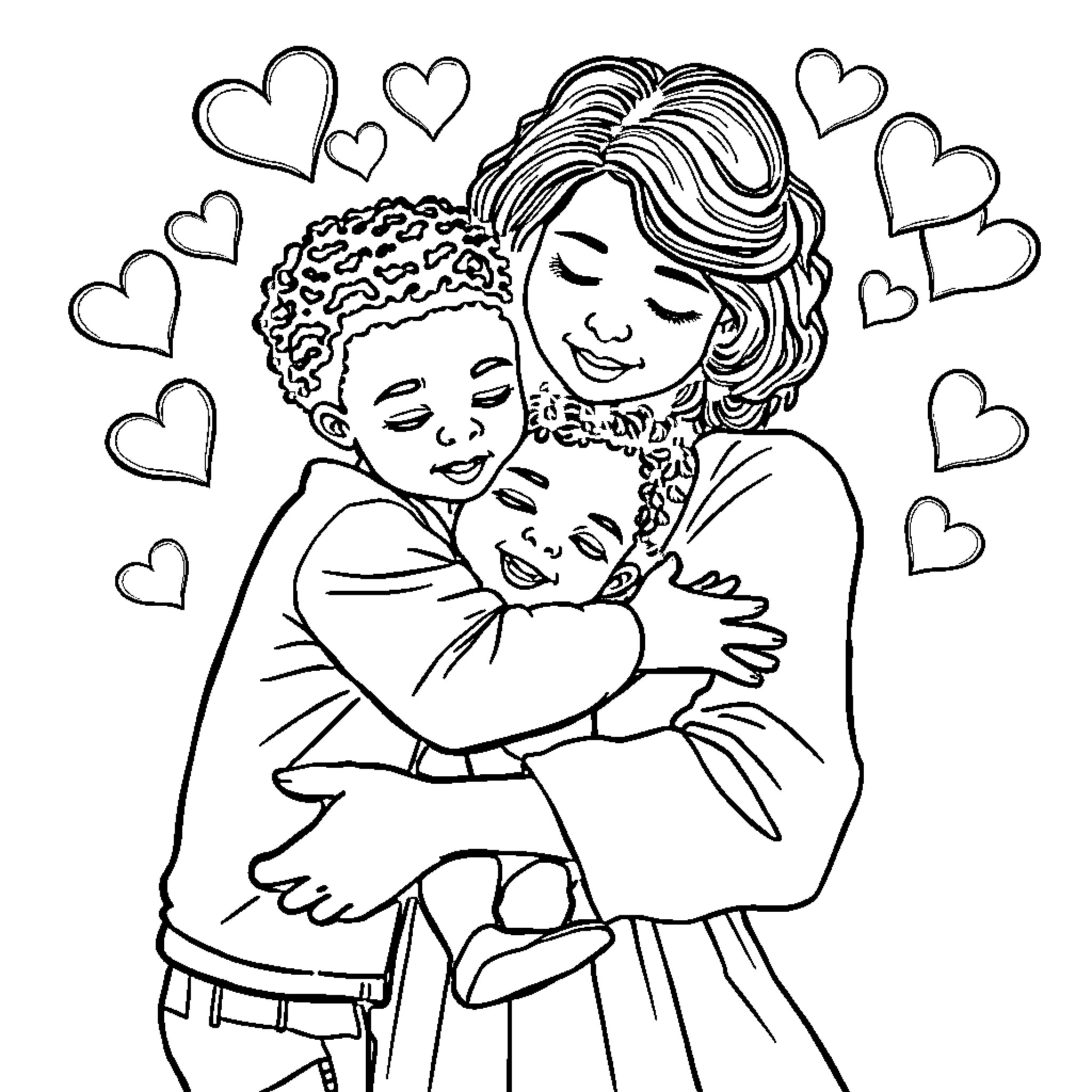 Mom and kids sharing a loving moment Coloring Page (free black-and-white line drawing printable PDF for all, from beginners to advanced learners, including children, teens, adults, and seniors)