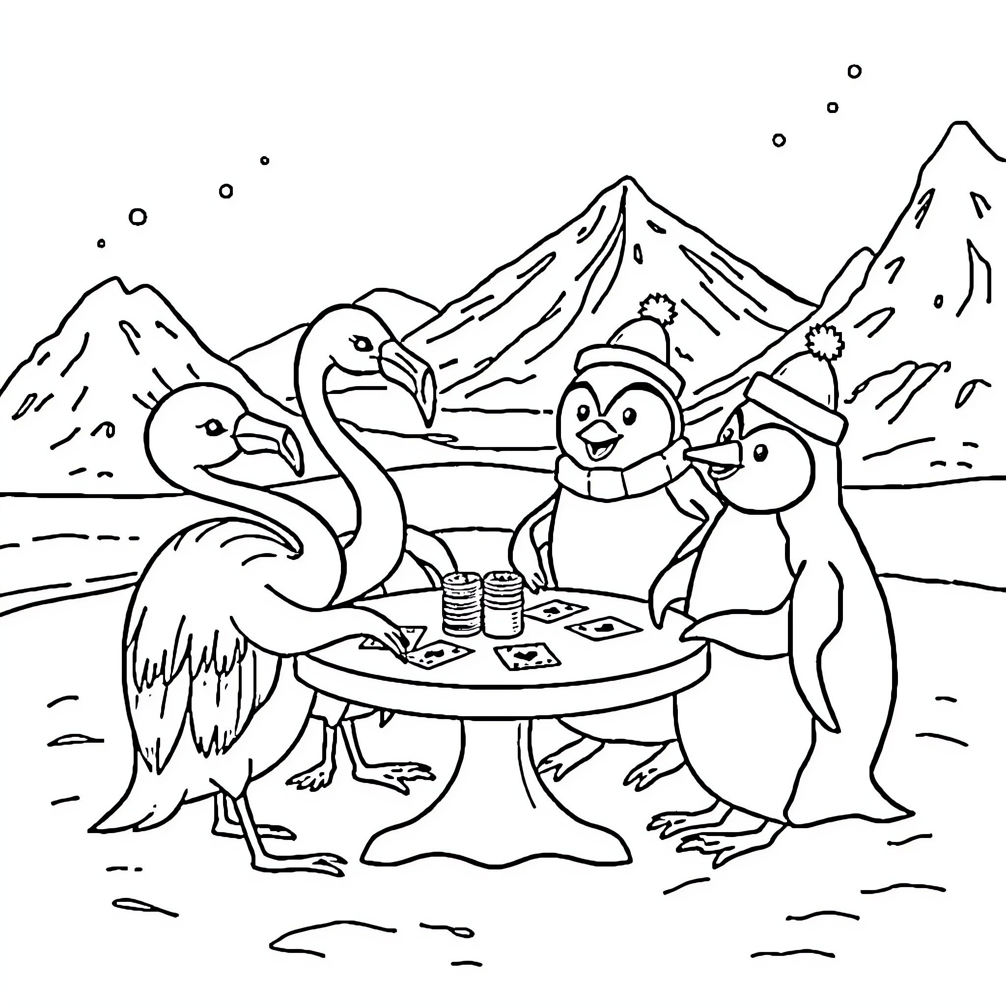 Flamingos and Penguins Playing in the Snow Coloring Page (free black-and-white line drawing printable PDF for all, from beginners to advanced learners, including children, teens, adults, and seniors)