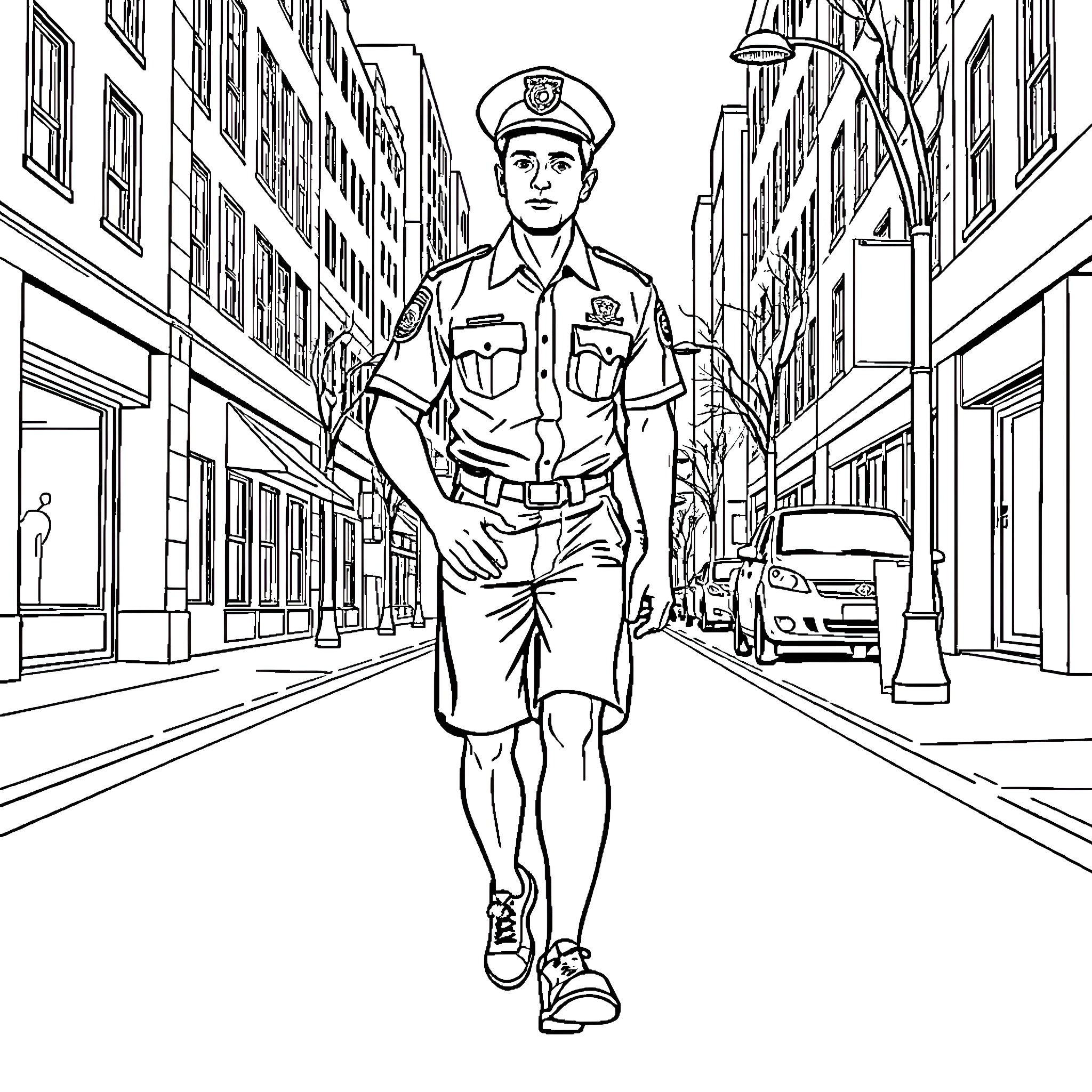 Jim the Police Officer Patrolling the City Streets Coloring Page (free black-and-white line drawing printable PDF for all, from beginners to advanced learners, including children, teens, adults, and seniors)