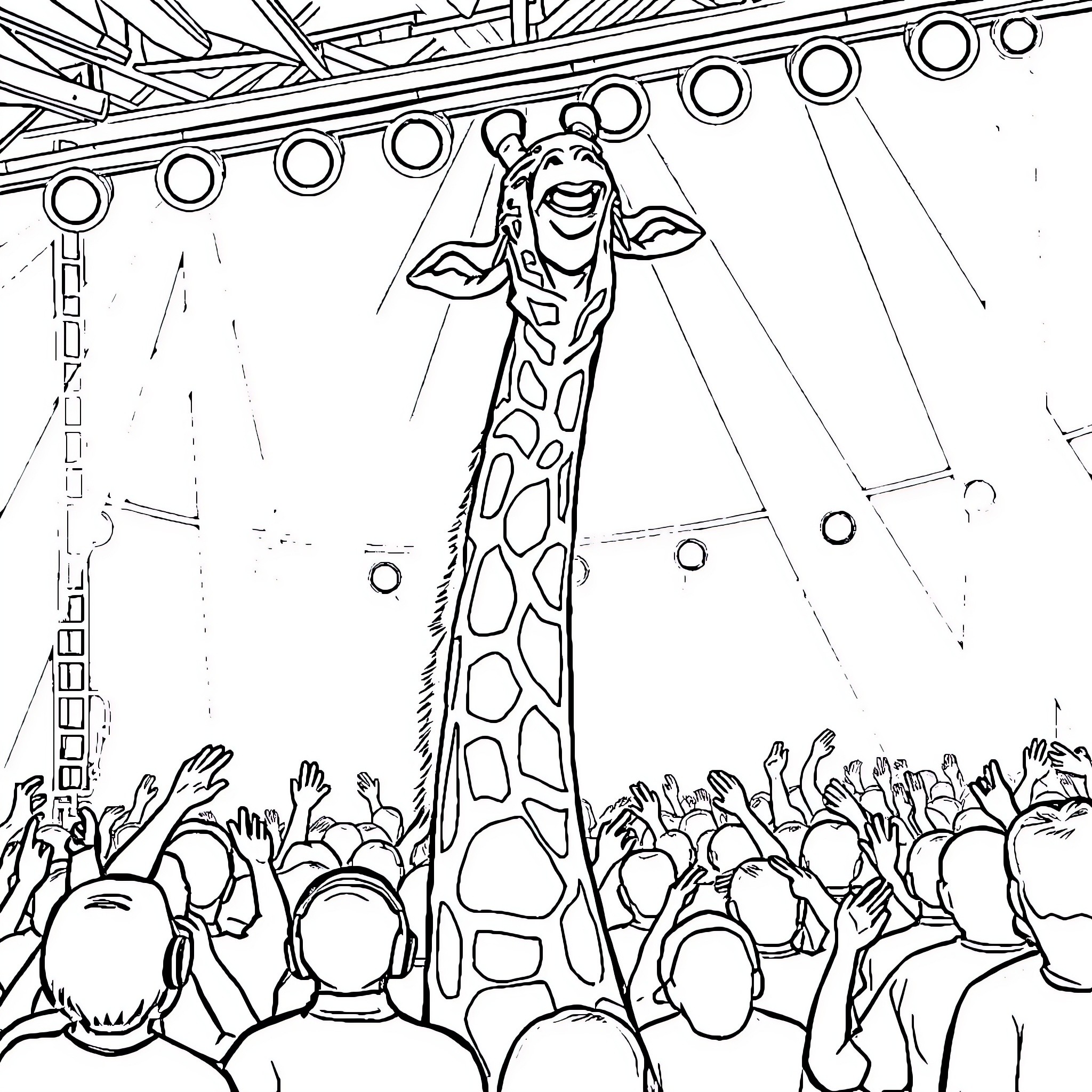 Giraffe entertains lively crowd on stage Coloring Page (free black-and-white line drawing printable PDF for all, from beginners to advanced learners, including children, teens, adults, and seniors)