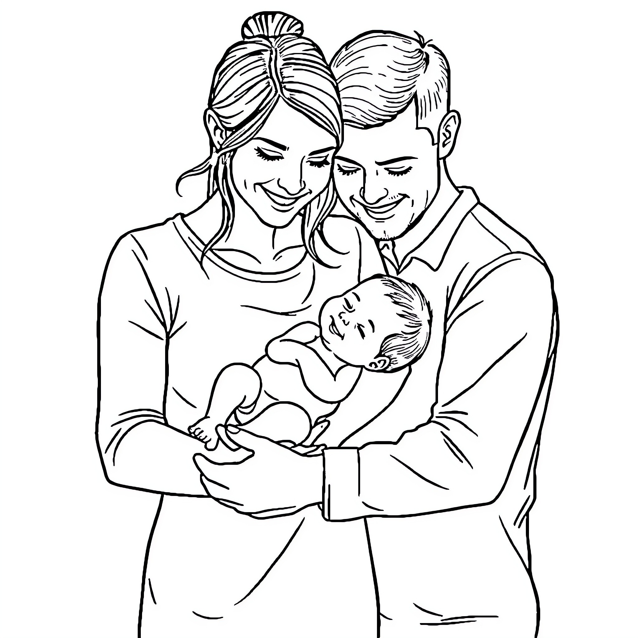 Baby cradled by loving parents Coloring Page (free black-and-white line drawing printable PDF for all, from beginners to advanced learners, including children, teens, adults, and seniors)