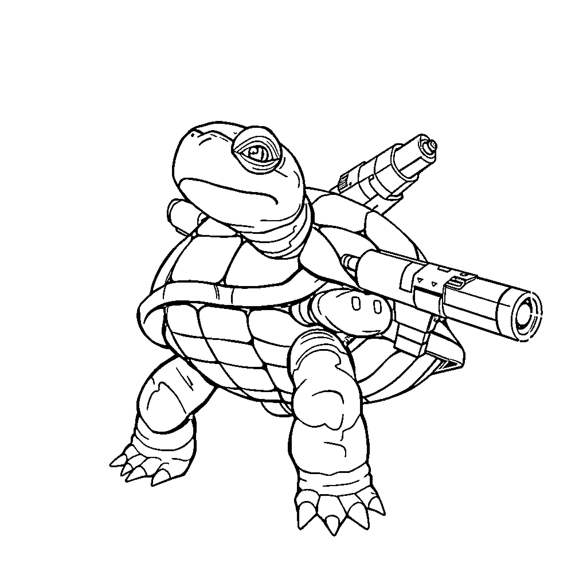 Turtle with futuristic weapons Coloring Page (free black-and-white line drawing printable PDF for all, from beginners to advanced learners, including children, teens, adults, and seniors)