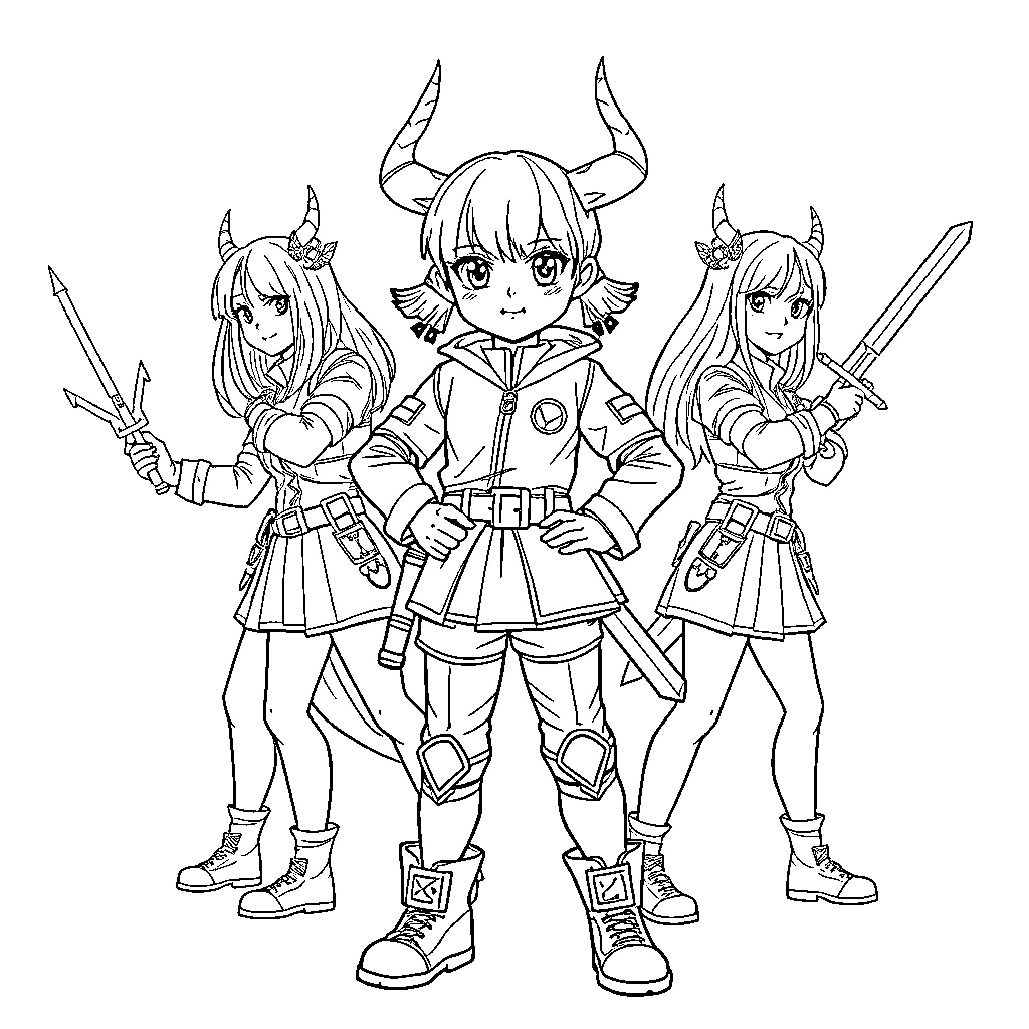 Girl warriors in fantasy uniforms with weapons Coloring Page (free black-and-white line drawing printable PDF for all, from beginners to advanced learners, including children, teens, adults, and seniors)