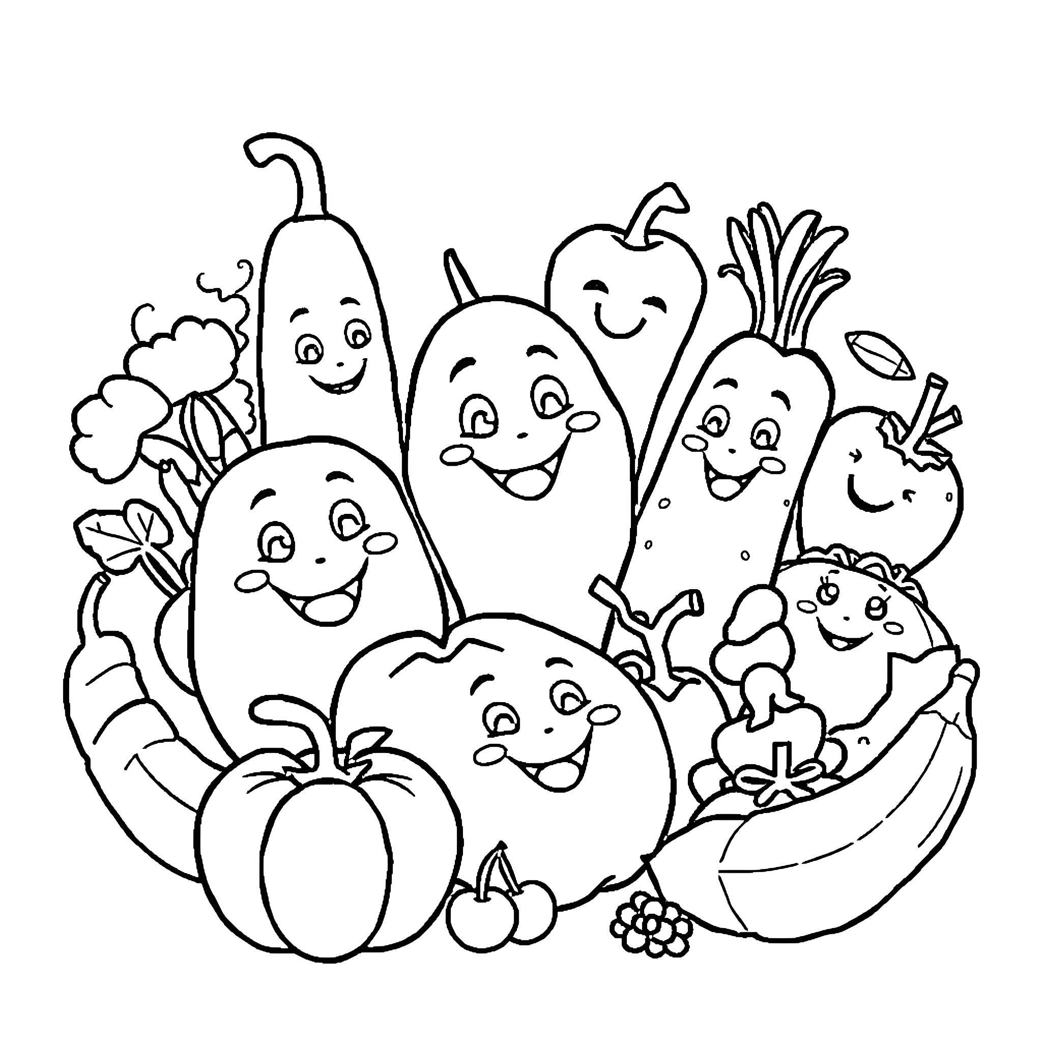Fruit and Vegetable Characters Interacting Happily Coloring Page (free black-and-white line drawing printable PDF for all, from beginners to advanced learners, including children, teens, adults, and seniors)