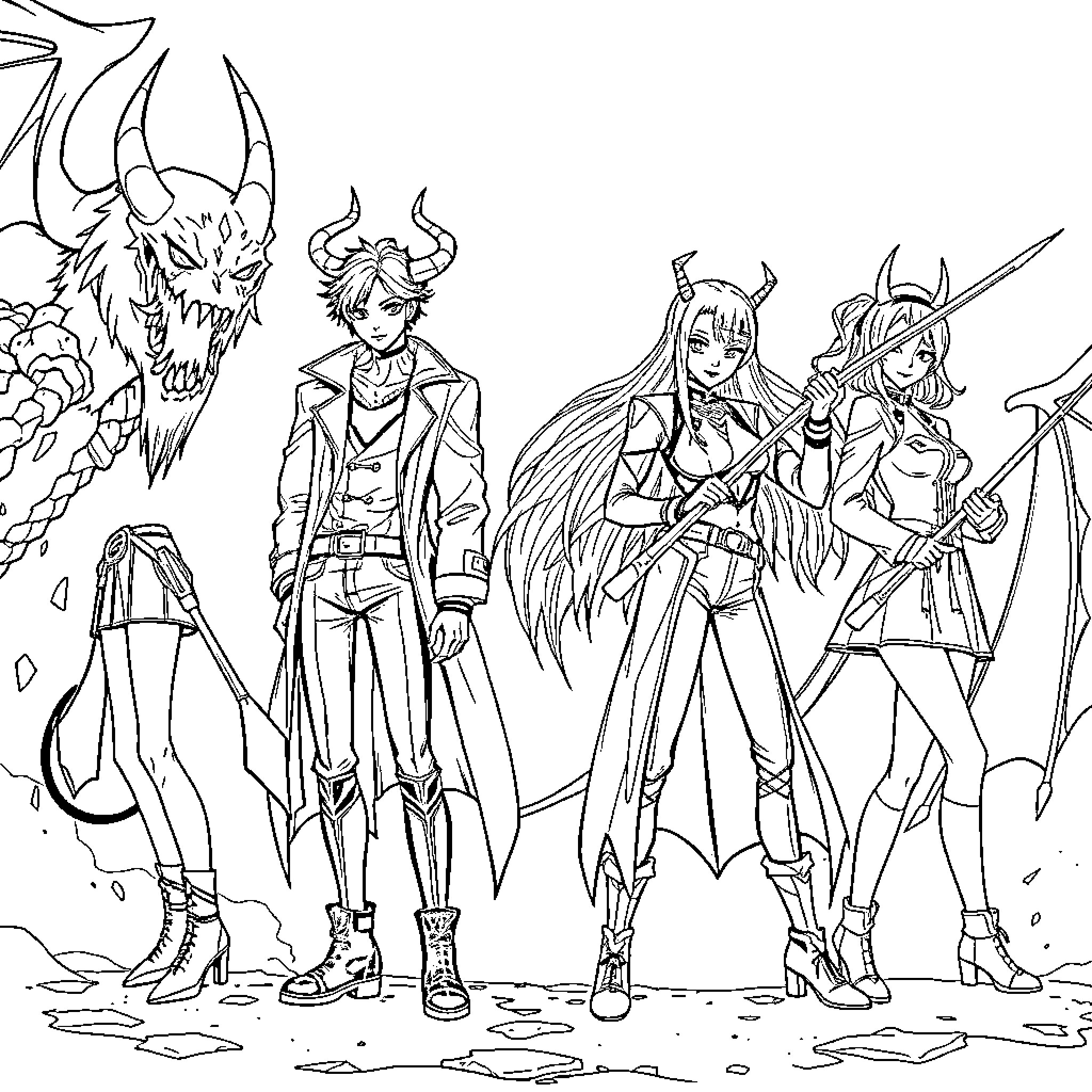 Demon Hunters Battling Fierce Creatures in a Rugged Landscape Coloring Page (free black-and-white line drawing printable PDF for all, from beginners to advanced learners, including children, teens, adults, and seniors)