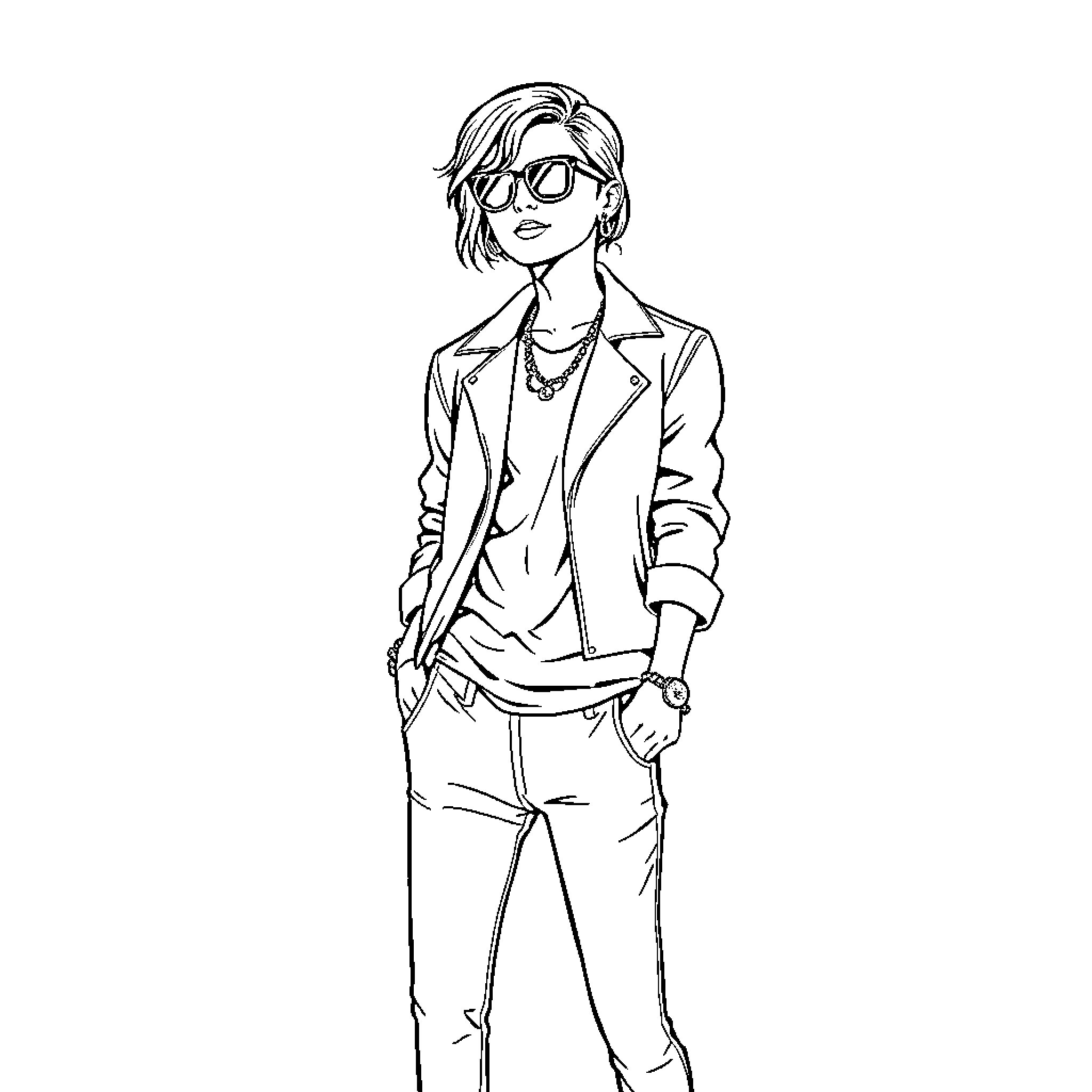 Dress for Success: Confident Professional Posing Coloring Page (free black-and-white line drawing printable PDF for all, from beginners to advanced learners, including children, teens, adults, and seniors)