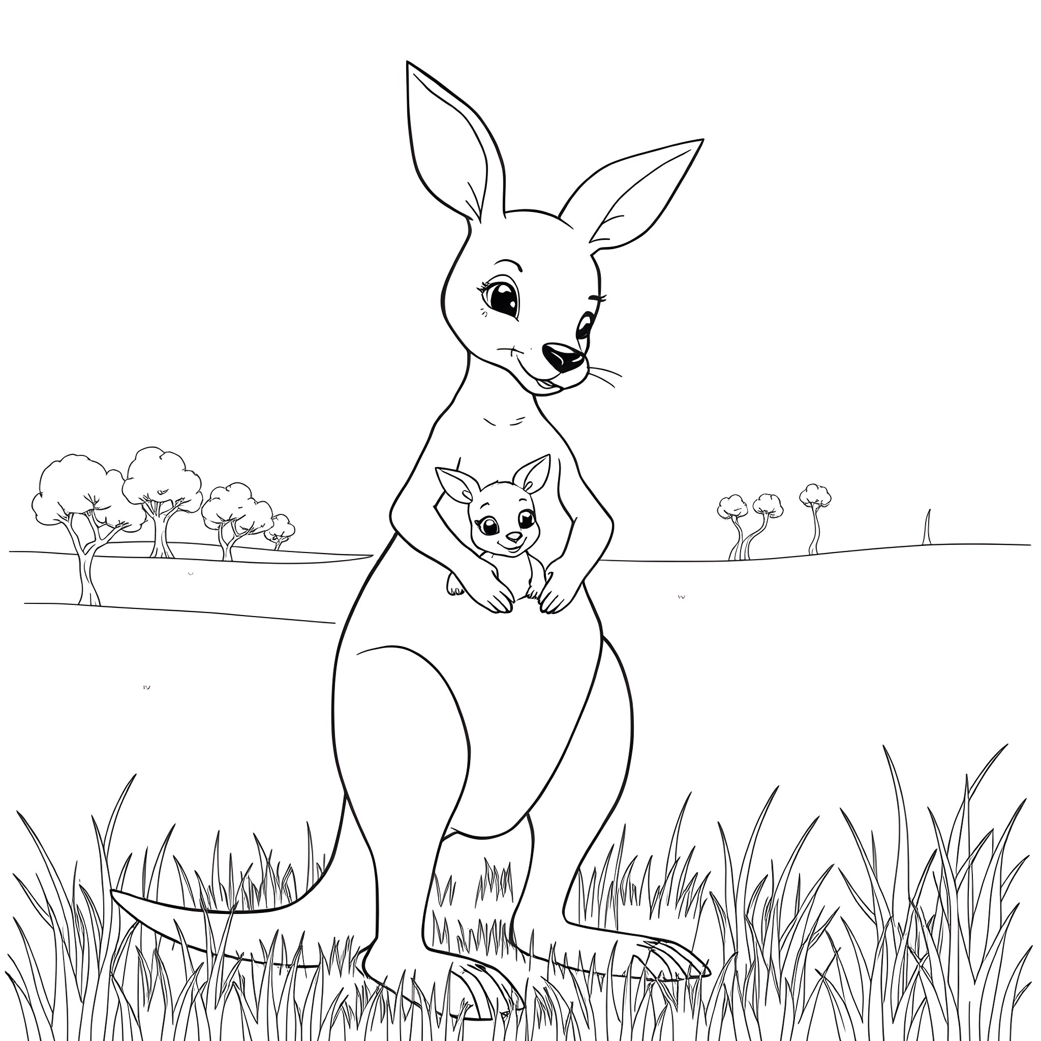 Kangaroo mother and baby in the wilderness Coloring Page (free black-and-white line drawing printable PDF for all, from beginners to advanced learners, including children, teens, adults, and seniors)