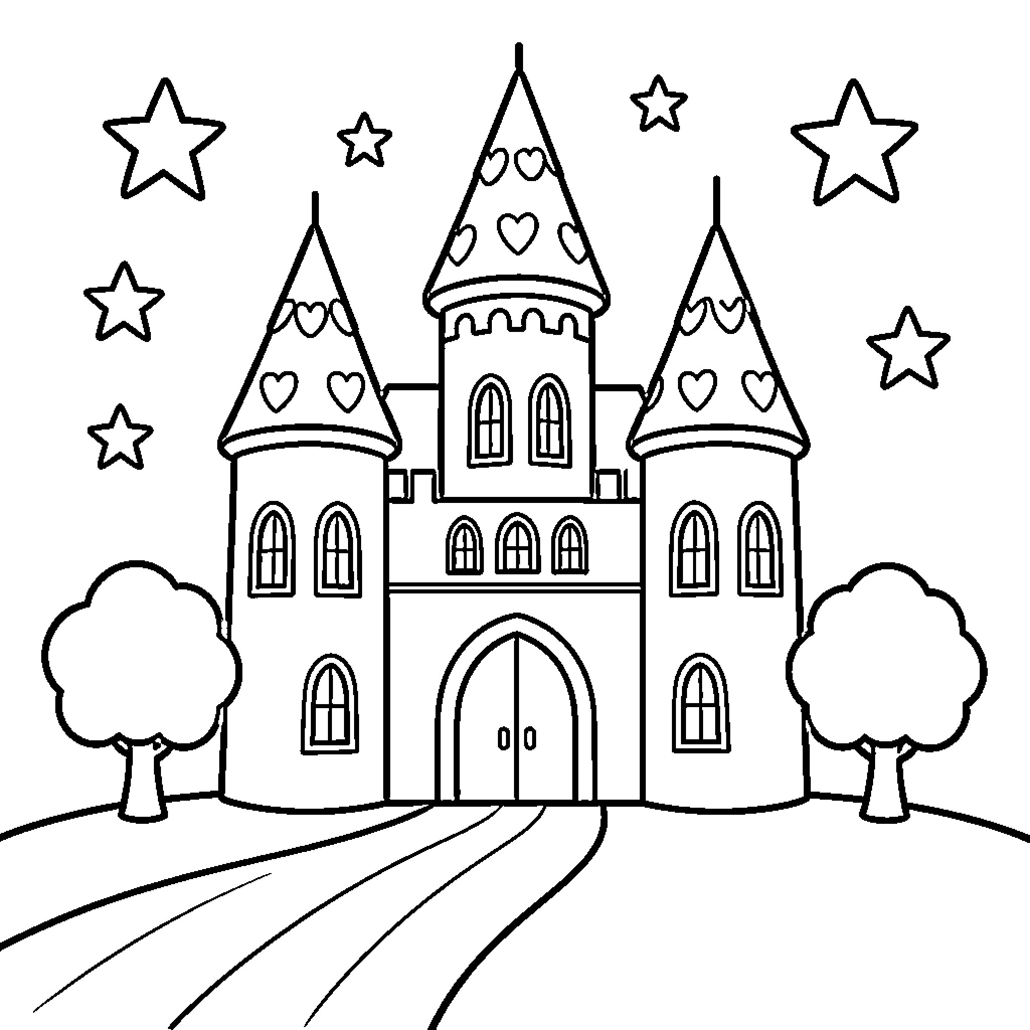 Castle with towers, heart patterns, and stars in the sky Coloring Page (free black-and-white line drawing printable PDF for all, from beginners to advanced learners, including children, teens, adults, and seniors)