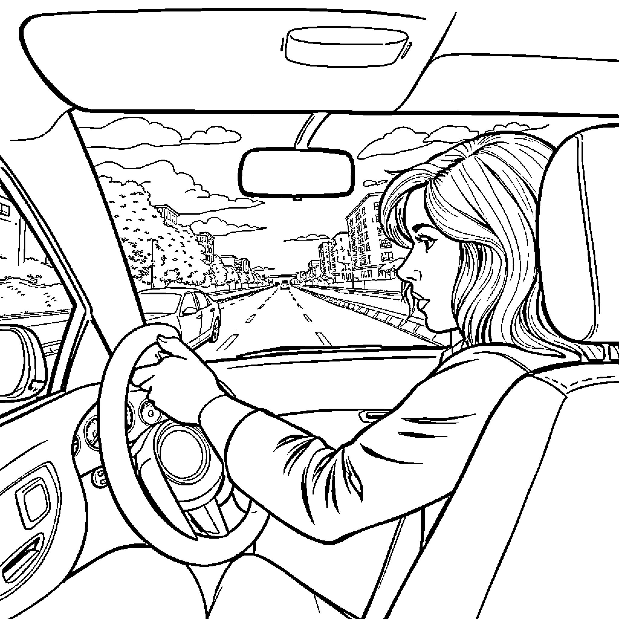 Emma Rachel Hartley driving through the scenic countryside Coloring Page (free black-and-white line drawing printable PDF for all, from beginners to advanced learners, including children, teens, adults, and seniors)
