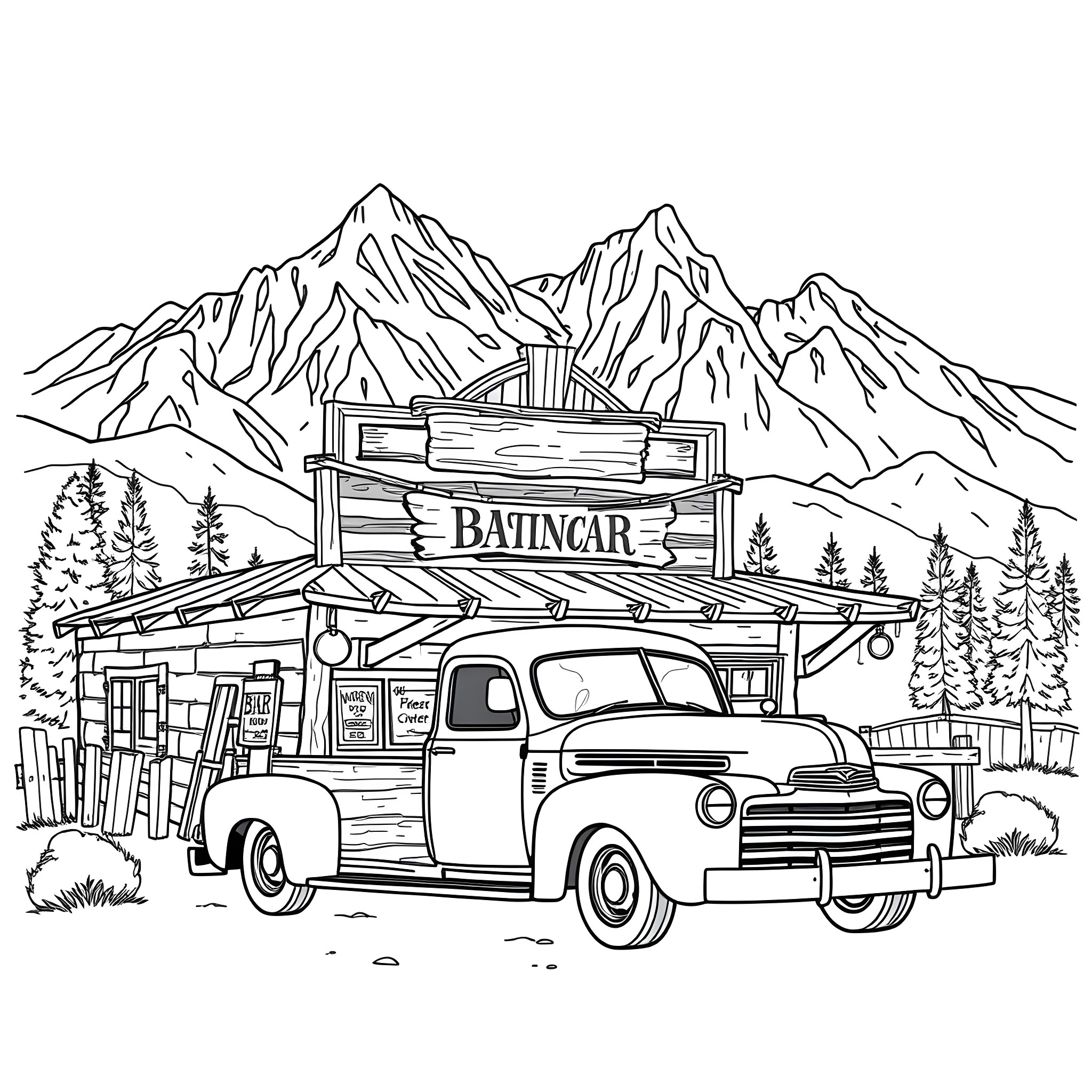 Mountain diner with vintage truck in scenic landscape Coloring Page (free black-and-white line drawing printable PDF for all, from beginners to advanced learners, including children, teens, adults, and seniors)