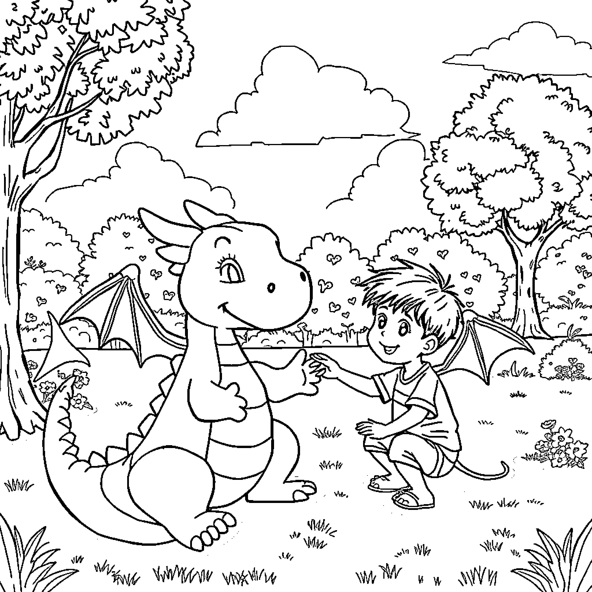 Dragon and Child Playing in Enchanted Forest Coloring Page (free black-and-white line drawing printable PDF for all, from beginners to advanced learners, including children, teens, adults, and seniors)