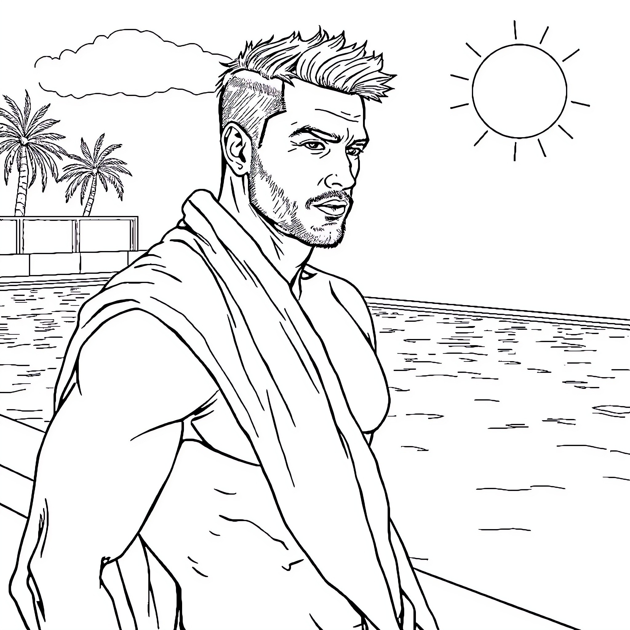 Man enjoying the sun and beach scenery Coloring Page (free black-and-white line drawing printable PDF for all, from beginners to advanced learners, including children, teens, adults, and seniors)