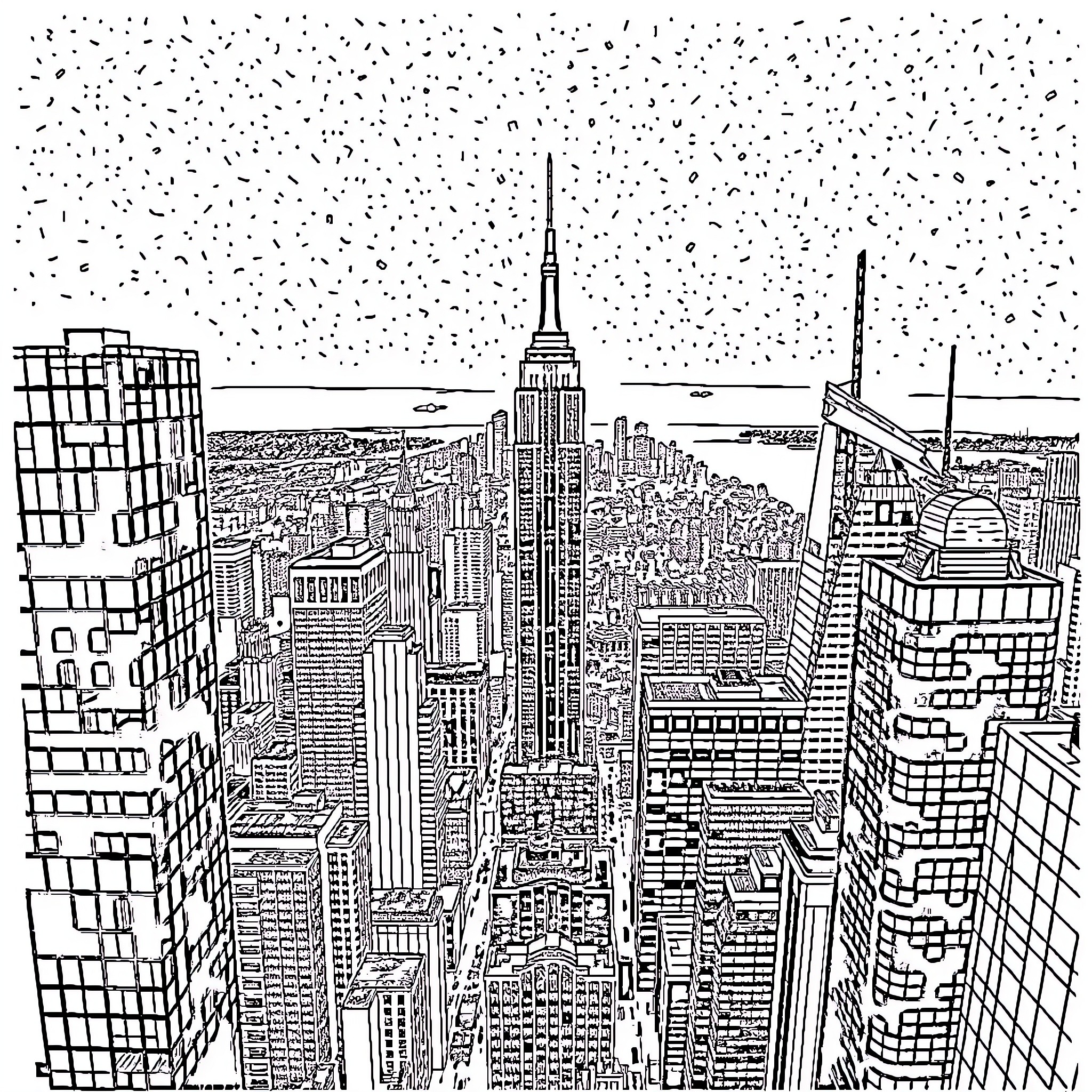 New York City skyline with iconic skyscrapers and buildings Coloring Page (free black-and-white line drawing printable PDF for all, from beginners to advanced learners, including children, teens, adults, and seniors)