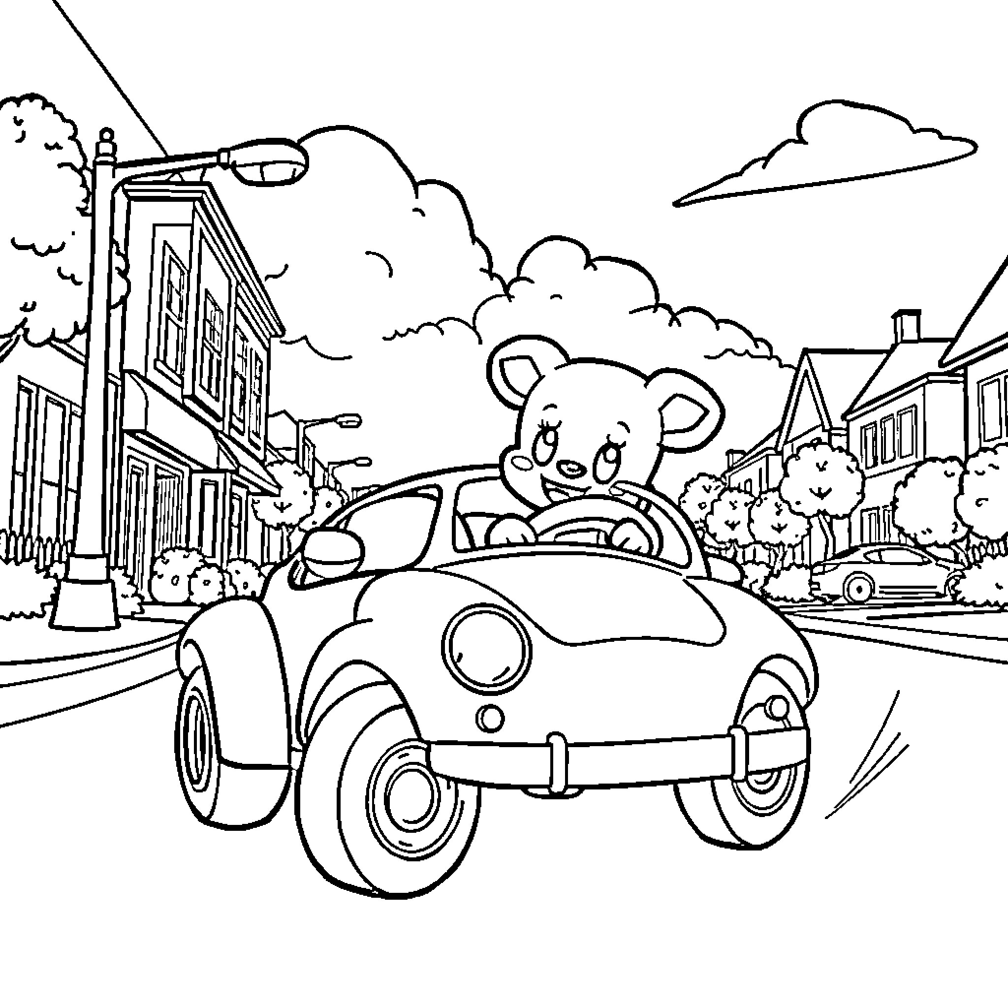 Bluey driving a car through the town Coloring Page (free black-and-white line drawing printable PDF for all, from beginners to advanced learners, including children, teens, adults, and seniors)