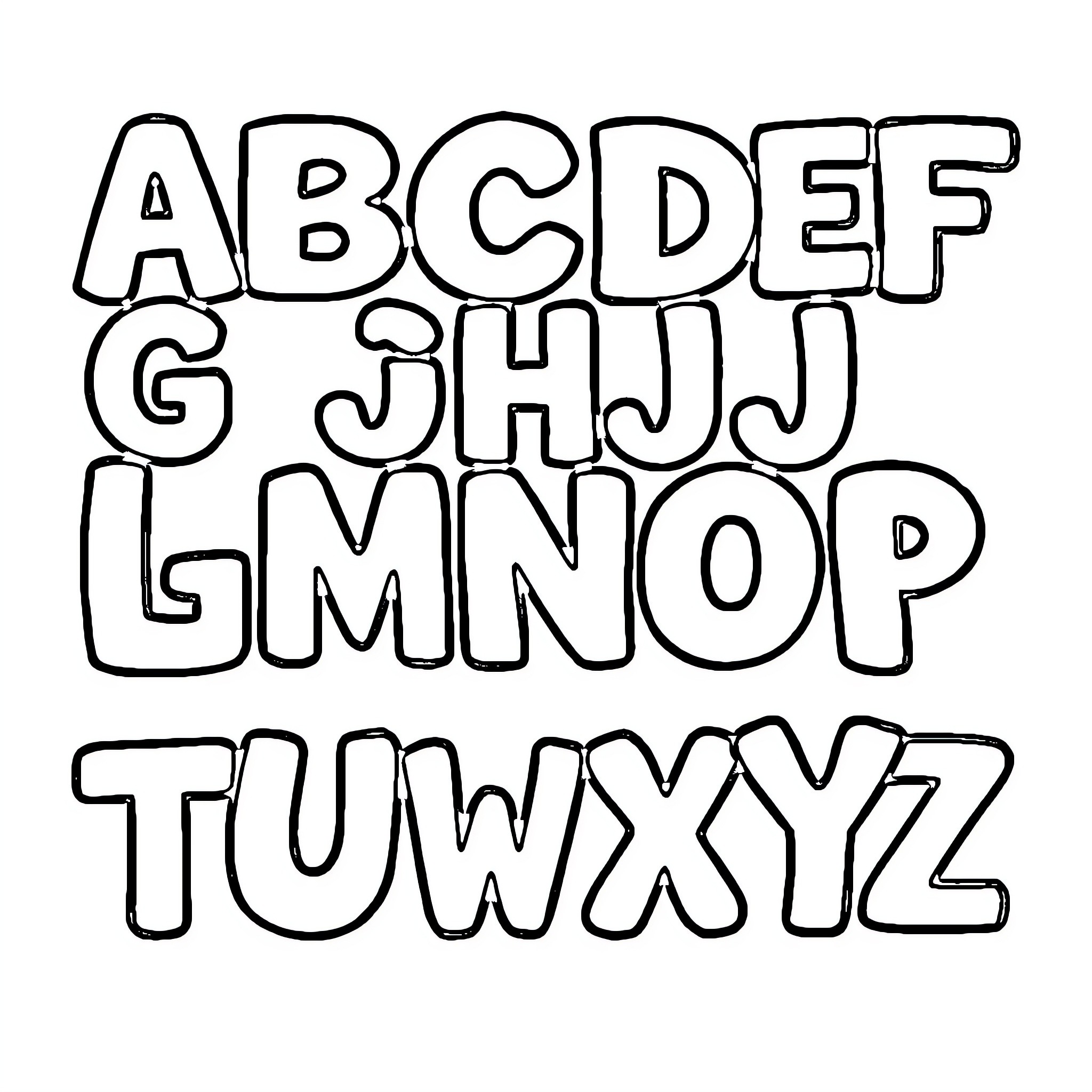 Alphabet Block Letters with Playful Shapes Coloring Page (free black-and-white line drawing printable PDF for all, from beginners to advanced learners, including children, teens, adults, and seniors)