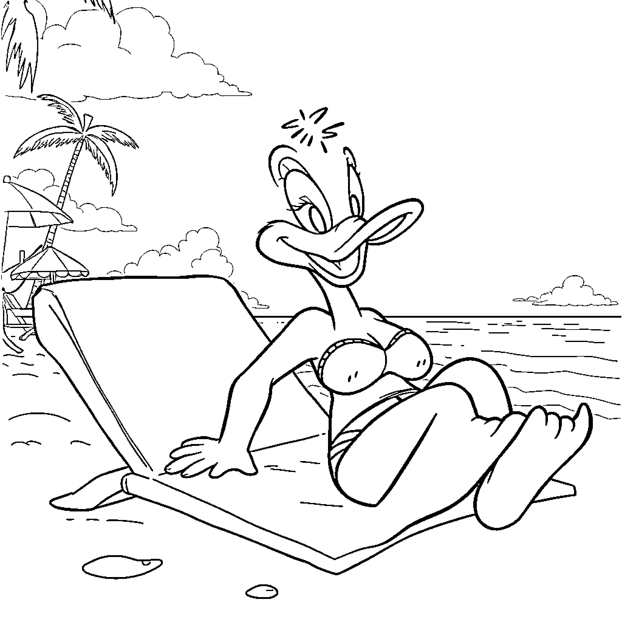 Daffy Duck relaxing on the beach Coloring Page (free black-and-white line drawing printable PDF for all, from beginners to advanced learners, including children, teens, adults, and seniors)