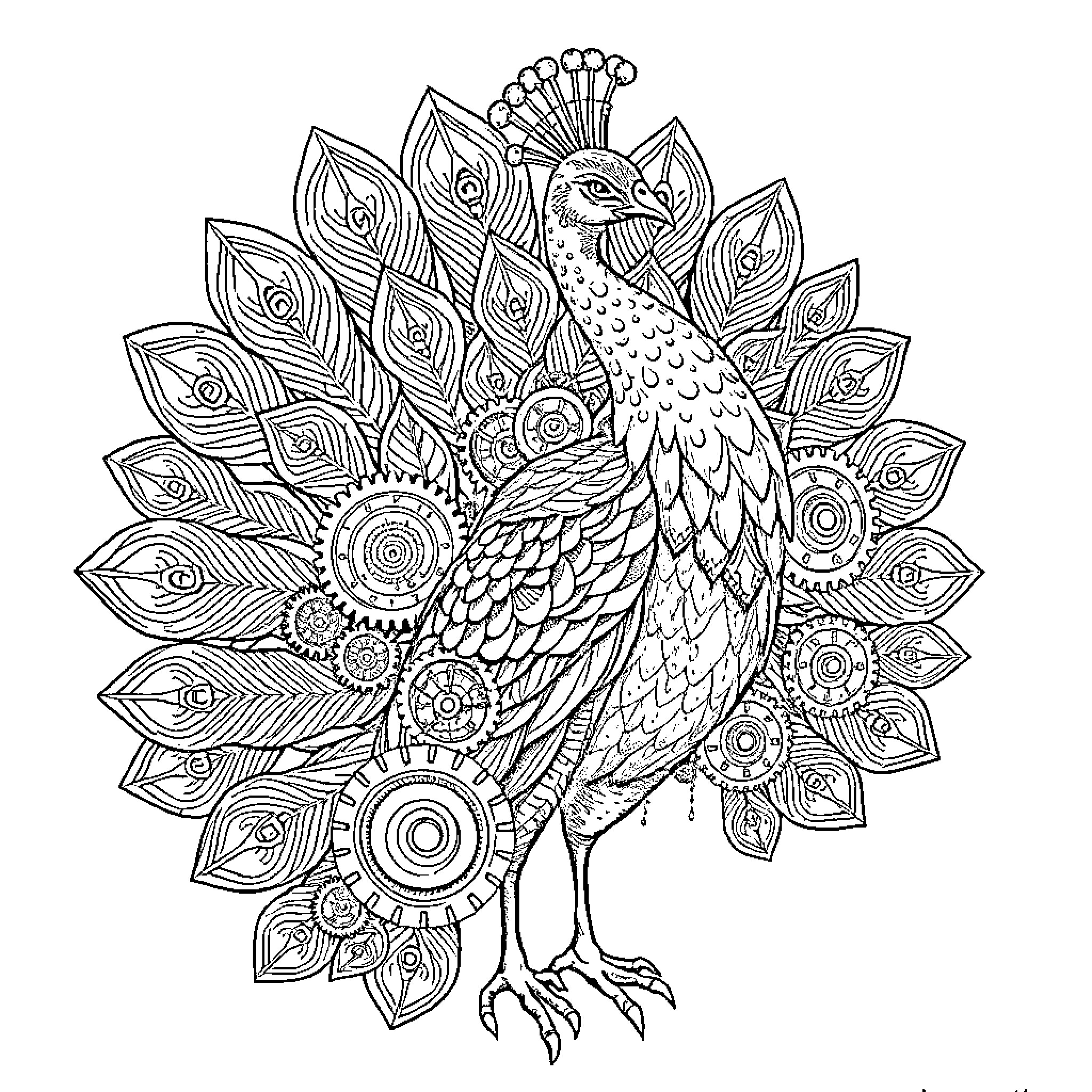 Peacock displaying vibrant feathers in ornate pattern Coloring Page (free black-and-white line drawing printable PDF for all, from beginners to advanced learners, including children, teens, adults, and seniors)