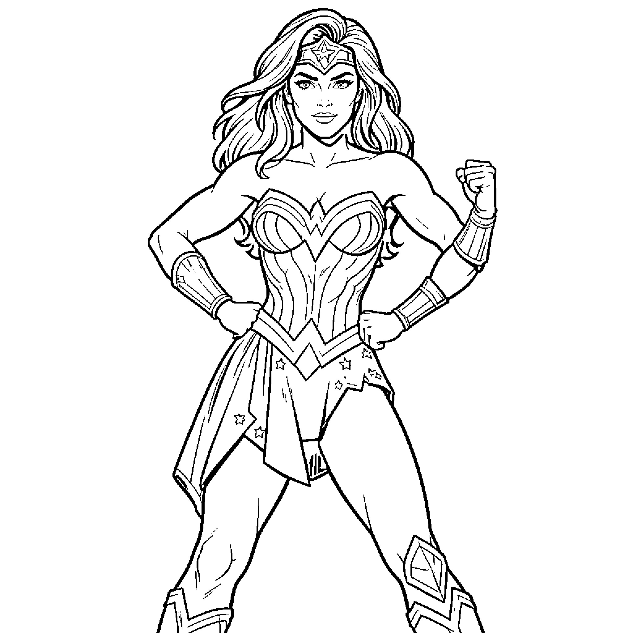 Wonder Woman standing in a powerful superhero pose Coloring Page (free black-and-white line drawing printable PDF for all, from beginners to advanced learners, including children, teens, adults, and seniors)