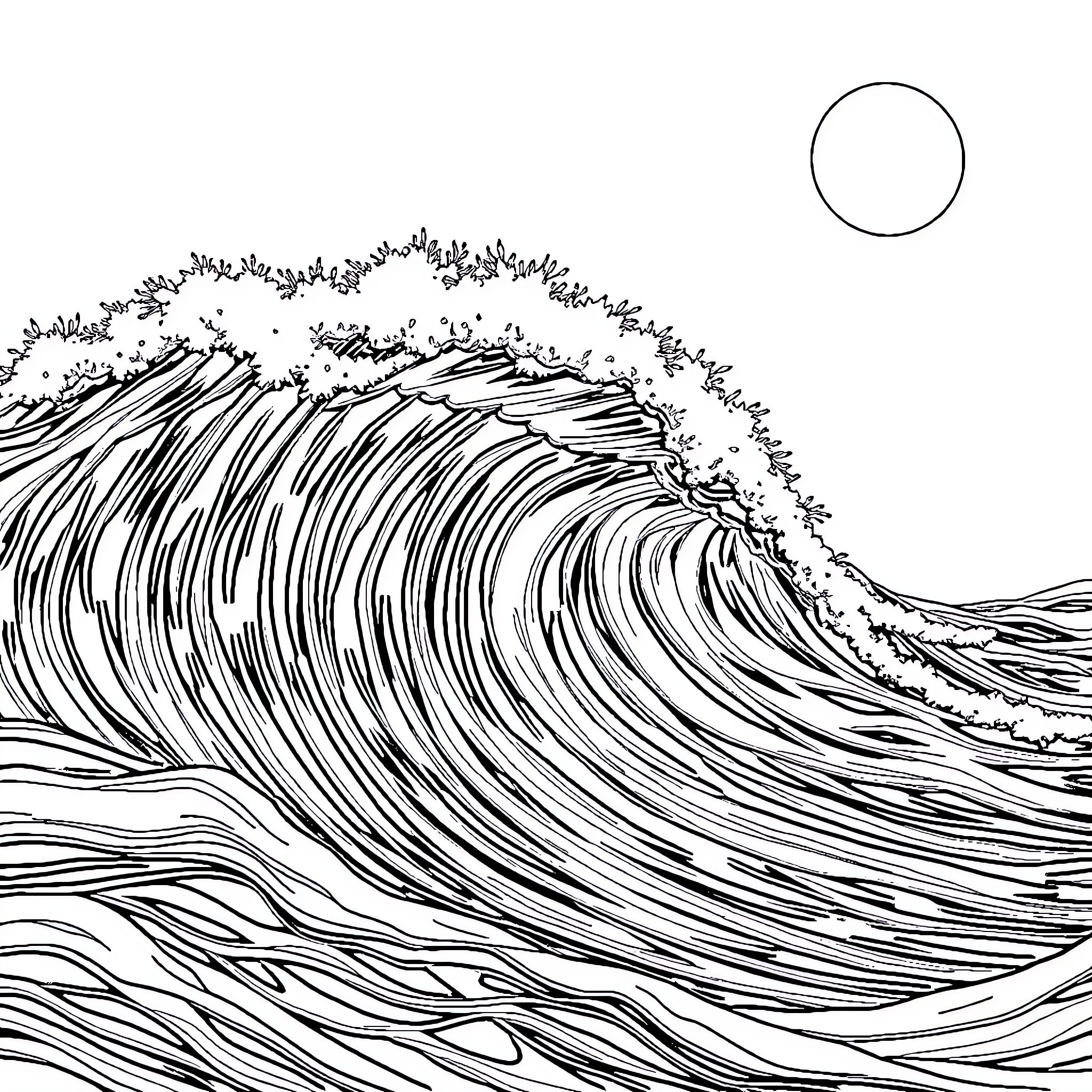 Ocean wave crashing with swirling pattern Coloring Page (free black-and-white line drawing printable PDF for all, from beginners to advanced learners, including children, teens, adults, and seniors)