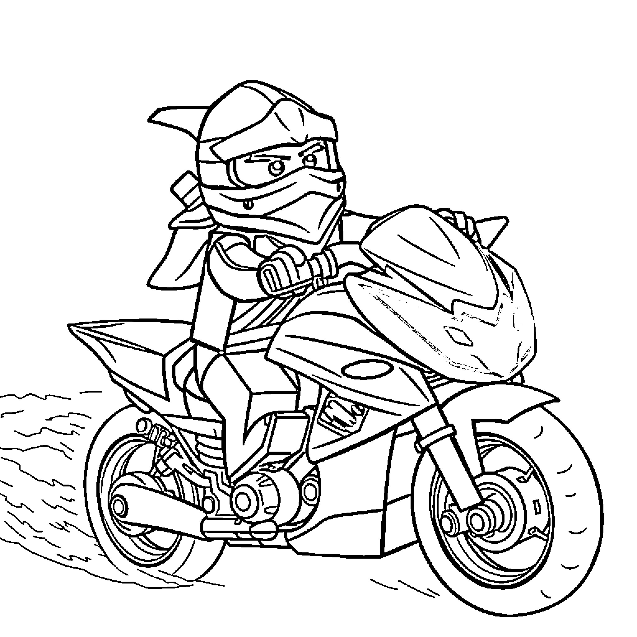 Ninjago Ninja Riding High-Speed Motorcycle Coloring Page (free black-and-white line drawing printable PDF for all, from beginners to advanced learners, including children, teens, adults, and seniors)