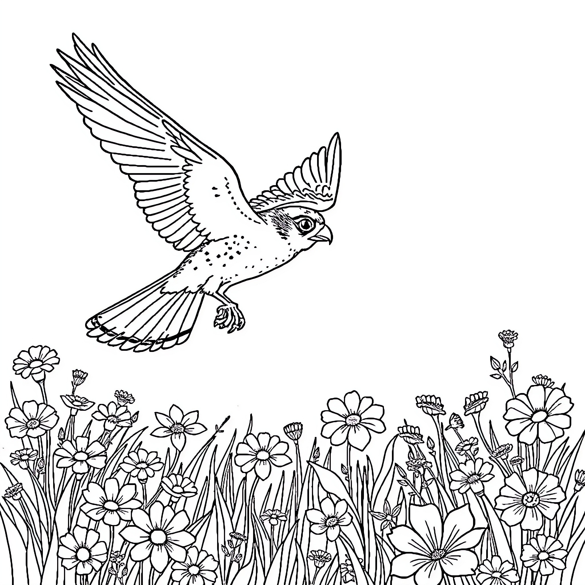 Falcon soaring among the blooming flowers Coloring Page (free black-and-white line drawing printable PDF for all, from beginners to advanced learners, including children, teens, adults, and seniors)