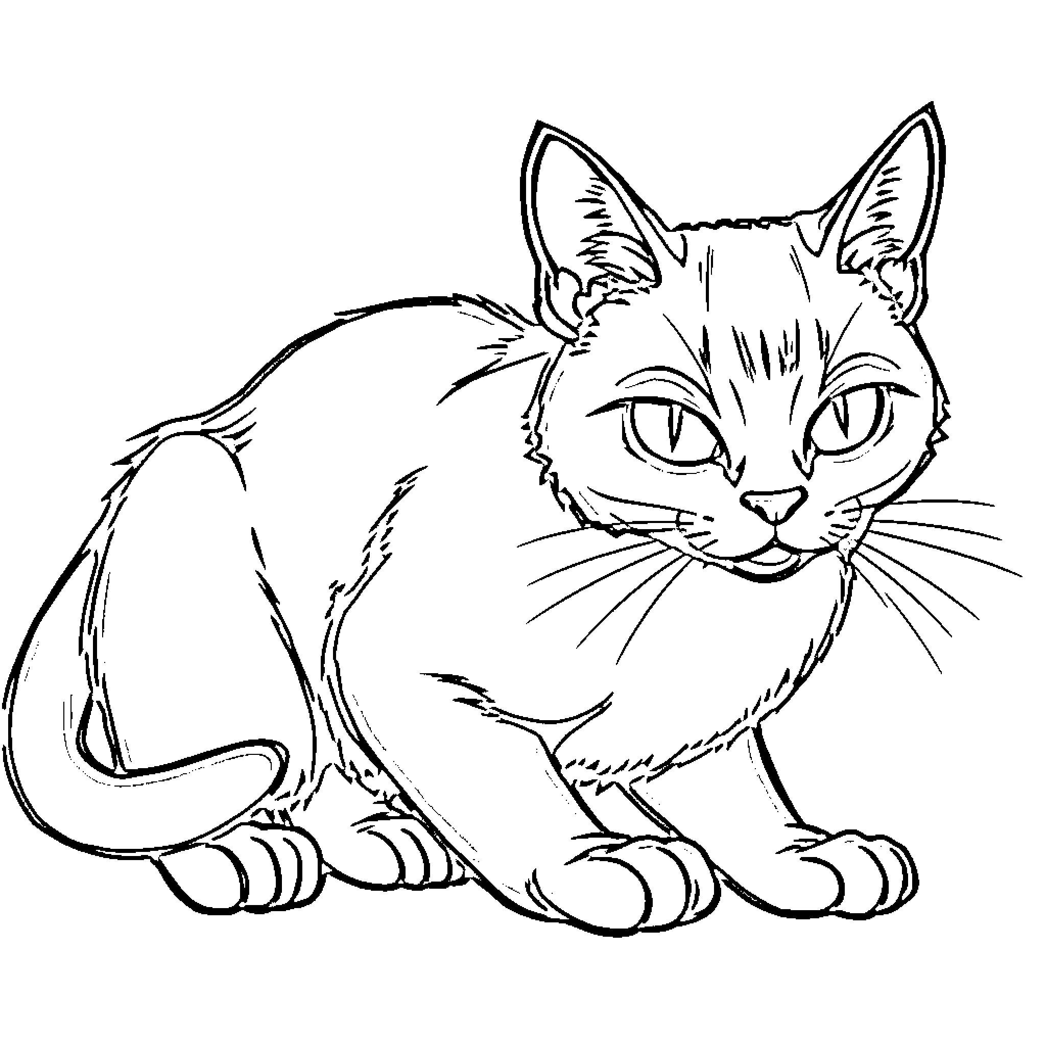 Cat sitting and staring intently Coloring Page (free black-and-white line drawing printable PDF for all, from beginners to advanced learners, including children, teens, adults, and seniors)