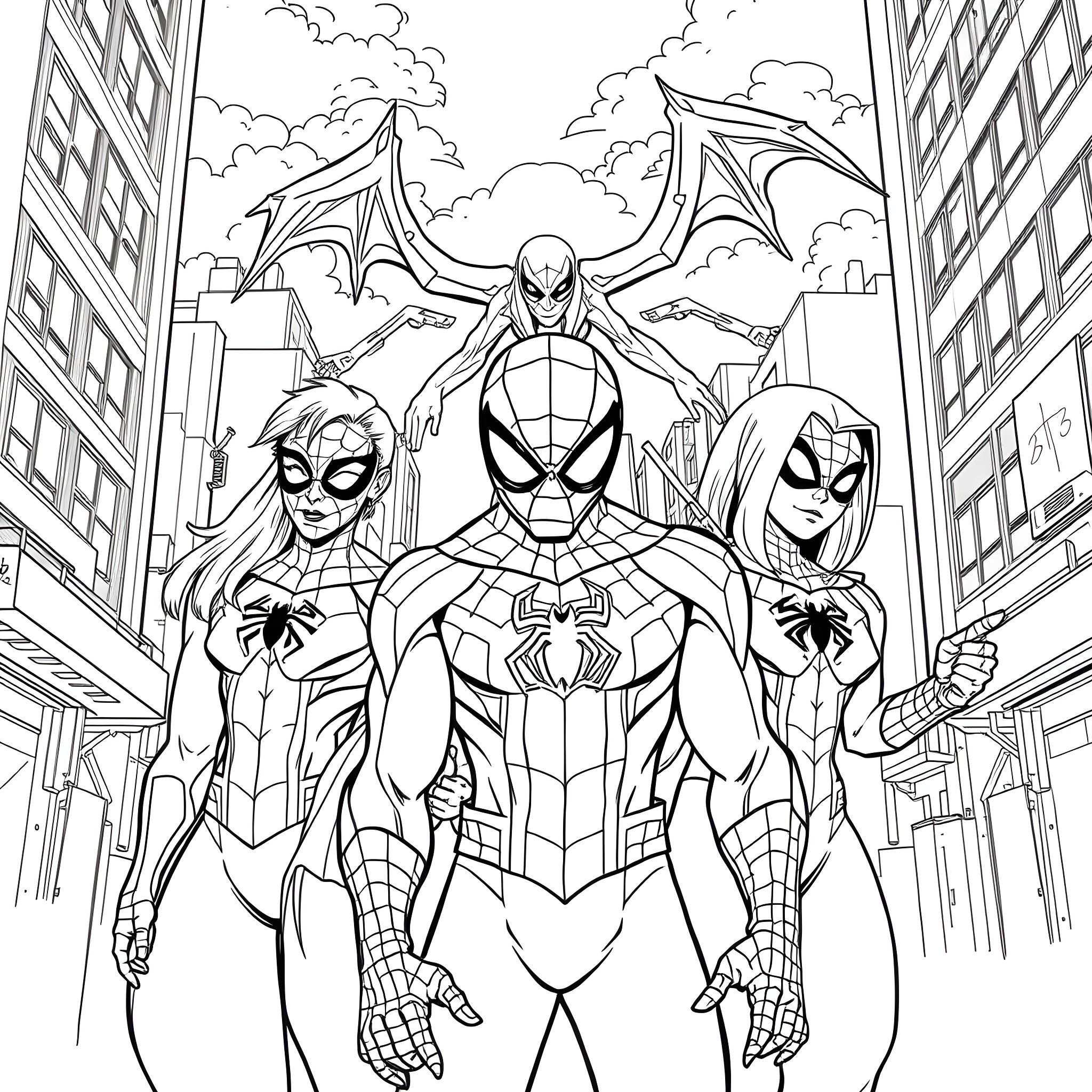 Spider heroes battle in the city skyline Coloring Page (free black-and-white line drawing printable PDF for all, from beginners to advanced learners, including children, teens, adults, and seniors)