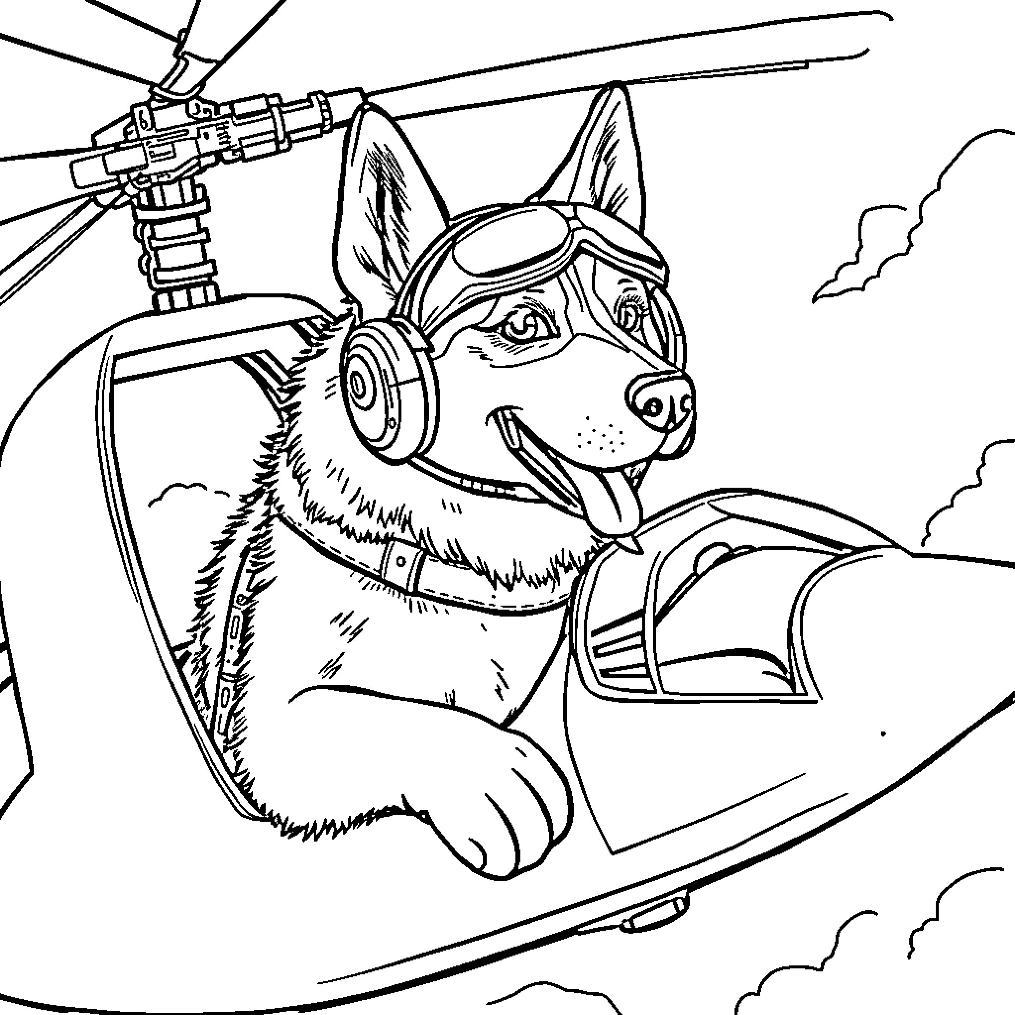 Husky pilot flying an aircraft in the sky Coloring Page (free black-and-white line drawing printable PDF for all, from beginners to advanced learners, including children, teens, adults, and seniors)