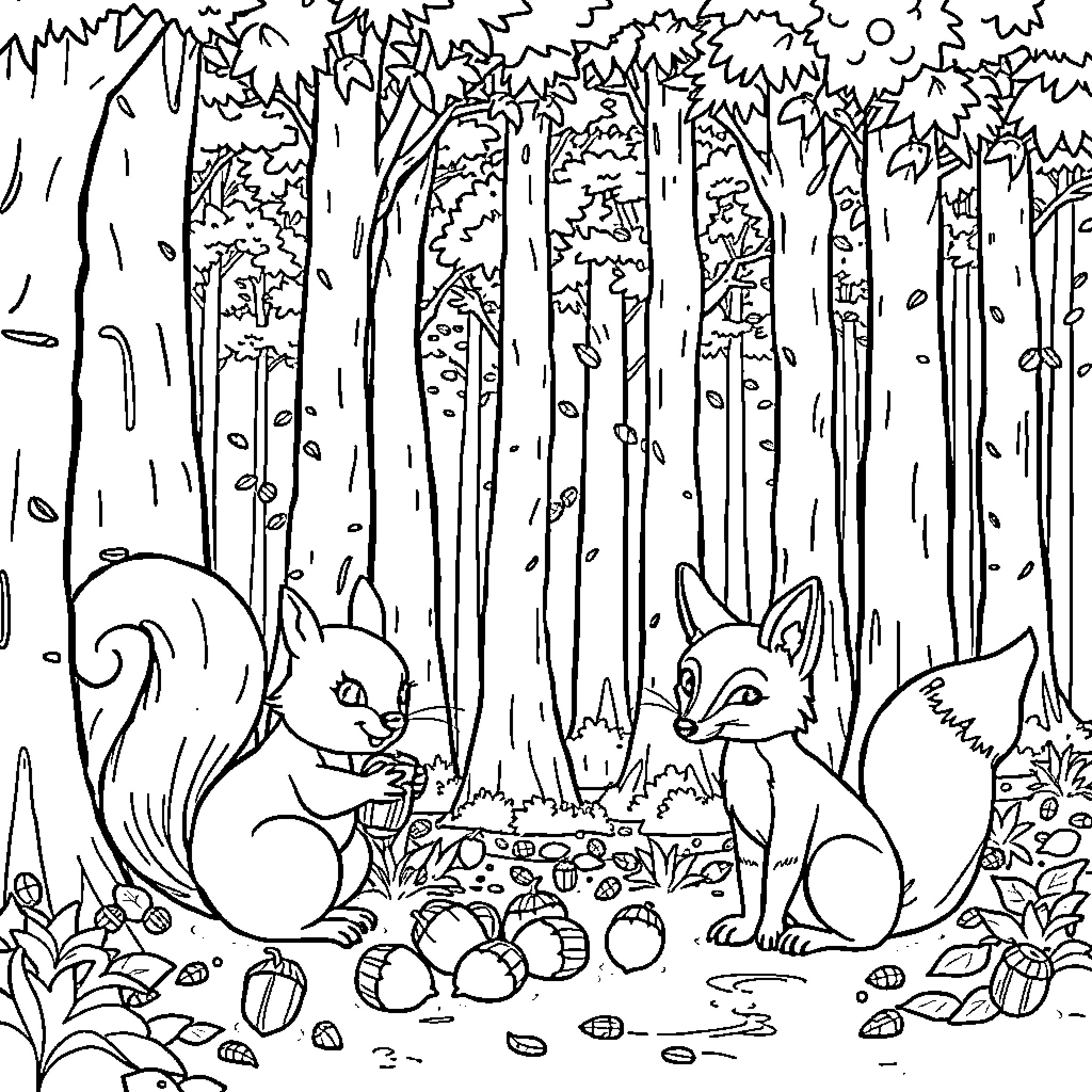 Squirrels gathering acorns in the forest Coloring Page (free black-and-white line drawing printable PDF for all, from beginners to advanced learners, including children, teens, adults, and seniors)