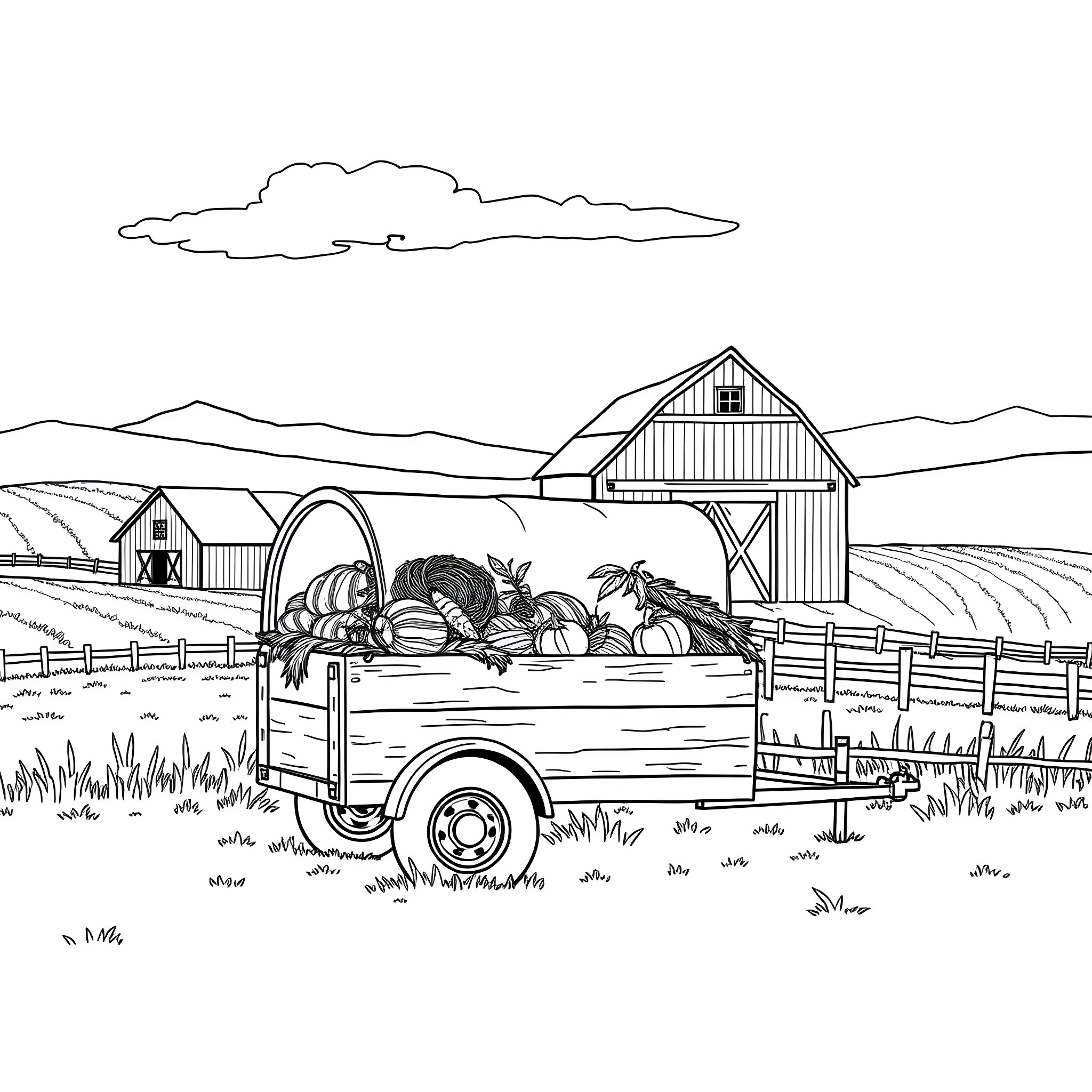 Farm Trailer Loaded with Harvest Bounty Coloring Page (free black-and-white line drawing printable PDF for all, from beginners to advanced learners, including children, teens, adults, and seniors)