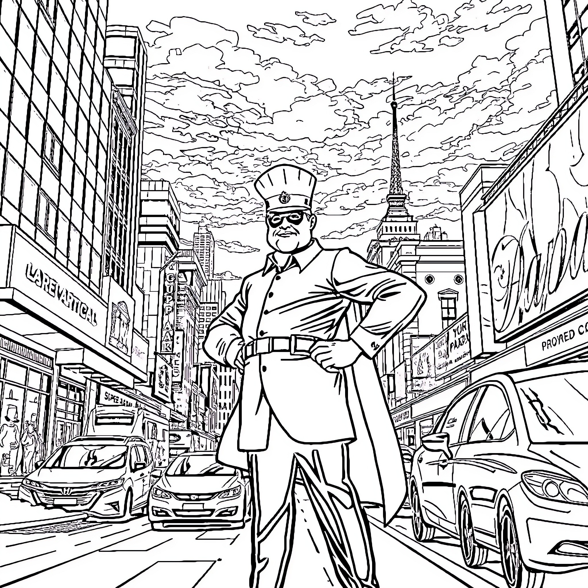 Papa's Watchful Eye Over the City Coloring Page (free black-and-white line drawing printable PDF for all, from beginners to advanced learners, including children, teens, adults, and seniors)
