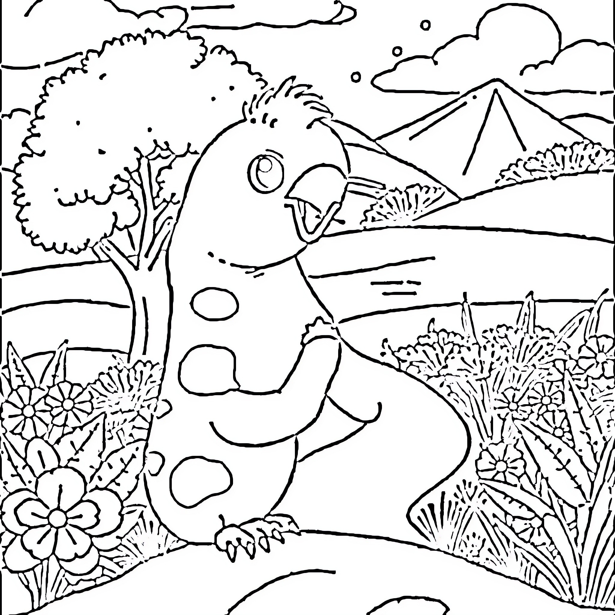 Puzzle of Cartoon Animal in Floral Landscape Coloring Page (free black-and-white line drawing printable PDF for all, from beginners to advanced learners, including children, teens, adults, and seniors)