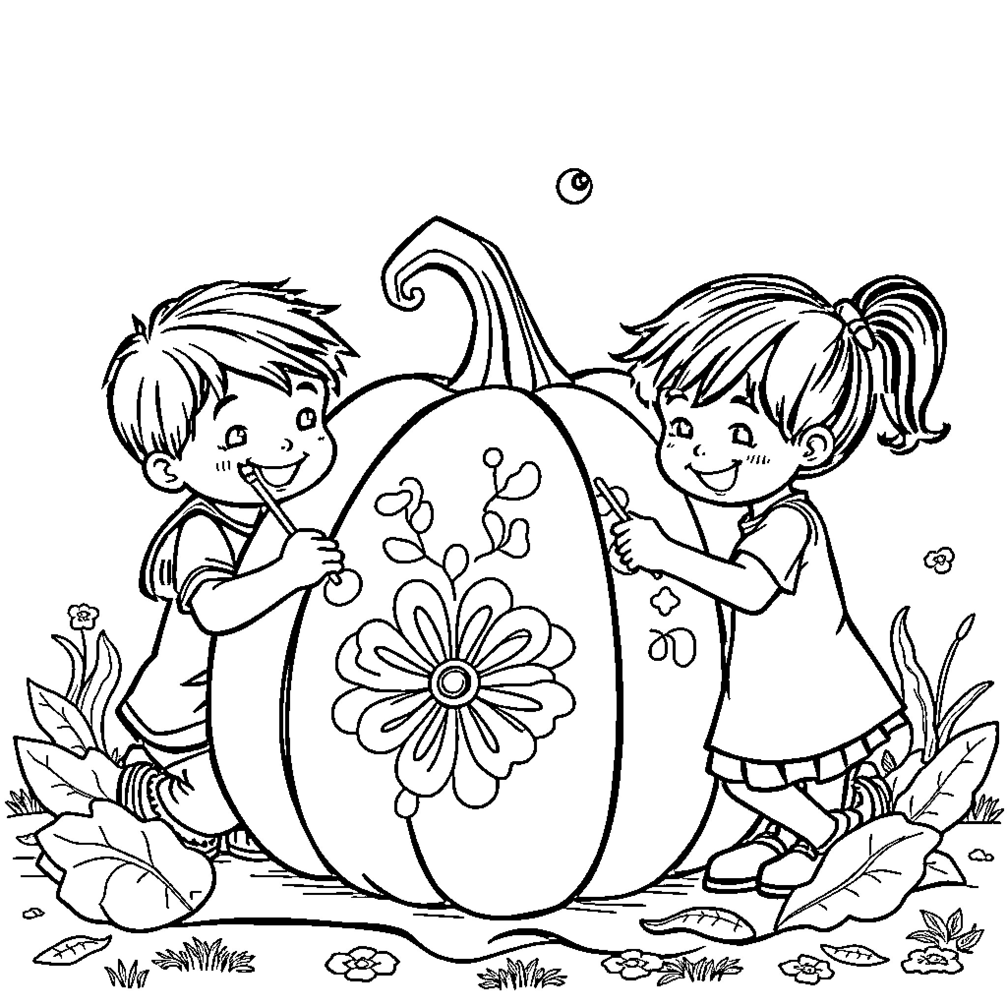 Pumpkin decorating scene with cheerful children Coloring Page (free black-and-white line drawing printable PDF for all, from beginners to advanced learners, including children, teens, adults, and seniors)