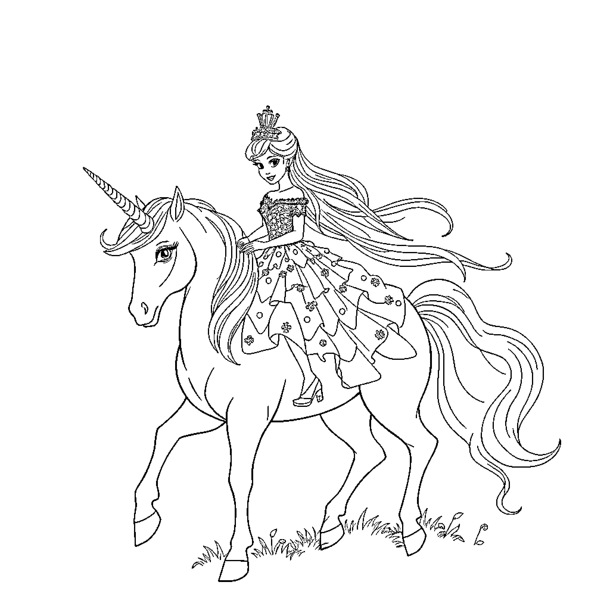 Princess riding a majestic unicorn in a fantastical scene Coloring Page (free black-and-white line drawing printable PDF for all, from beginners to advanced learners, including children, teens, adults, and seniors)