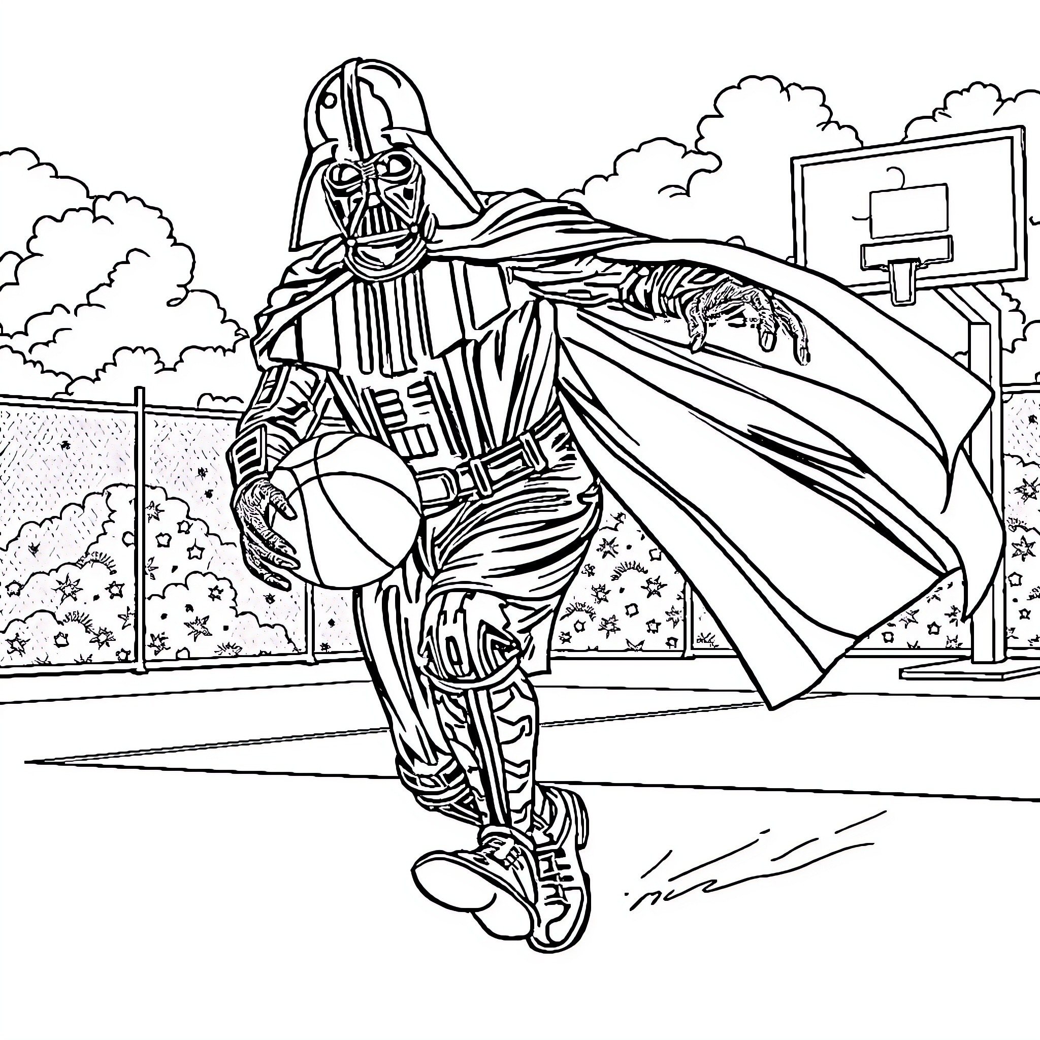 Darth Vader's Intimidating Presence in the Galactic Empire Coloring Page (free black-and-white line drawing printable PDF for all, from beginners to advanced learners, including children, teens, adults, and seniors)