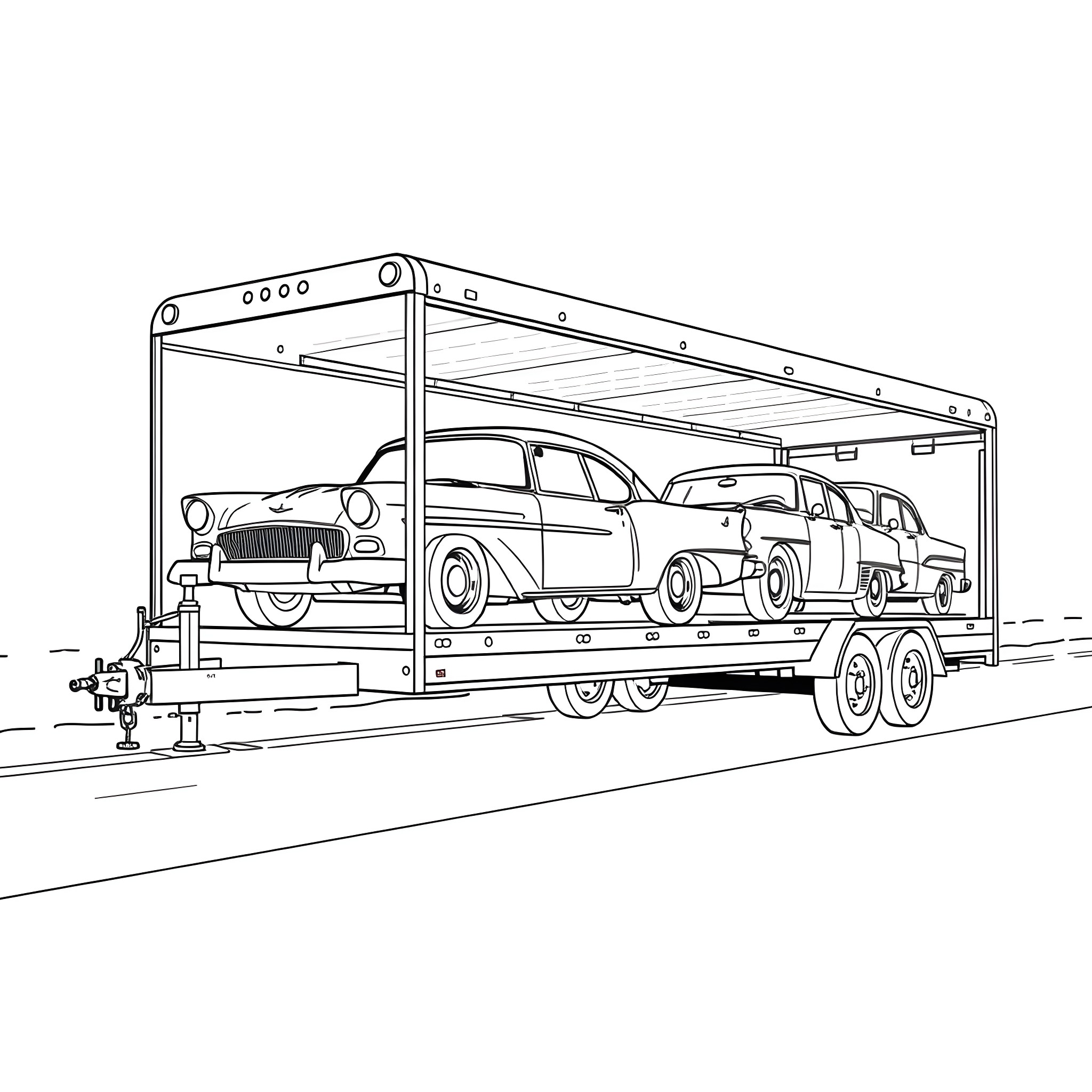 Car Hauler Transporting Various Vehicles on the Road Coloring Page (free black-and-white line drawing printable PDF for all, from beginners to advanced learners, including children, teens, adults, and seniors)
