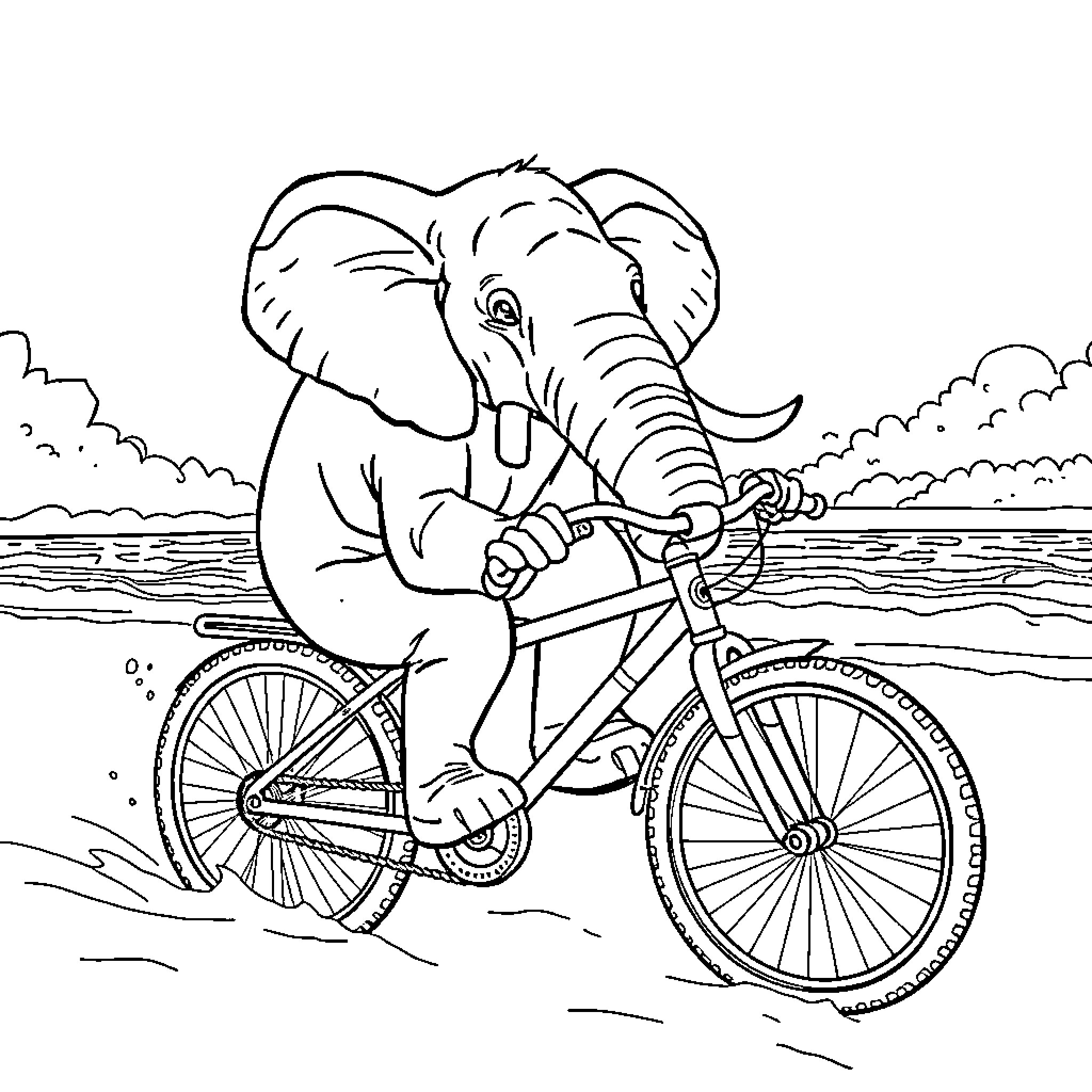 Elephant Riding a Bicycle by the Beach Coloring Page (free black-and-white line drawing printable PDF for all, from beginners to advanced learners, including children, teens, adults, and seniors)