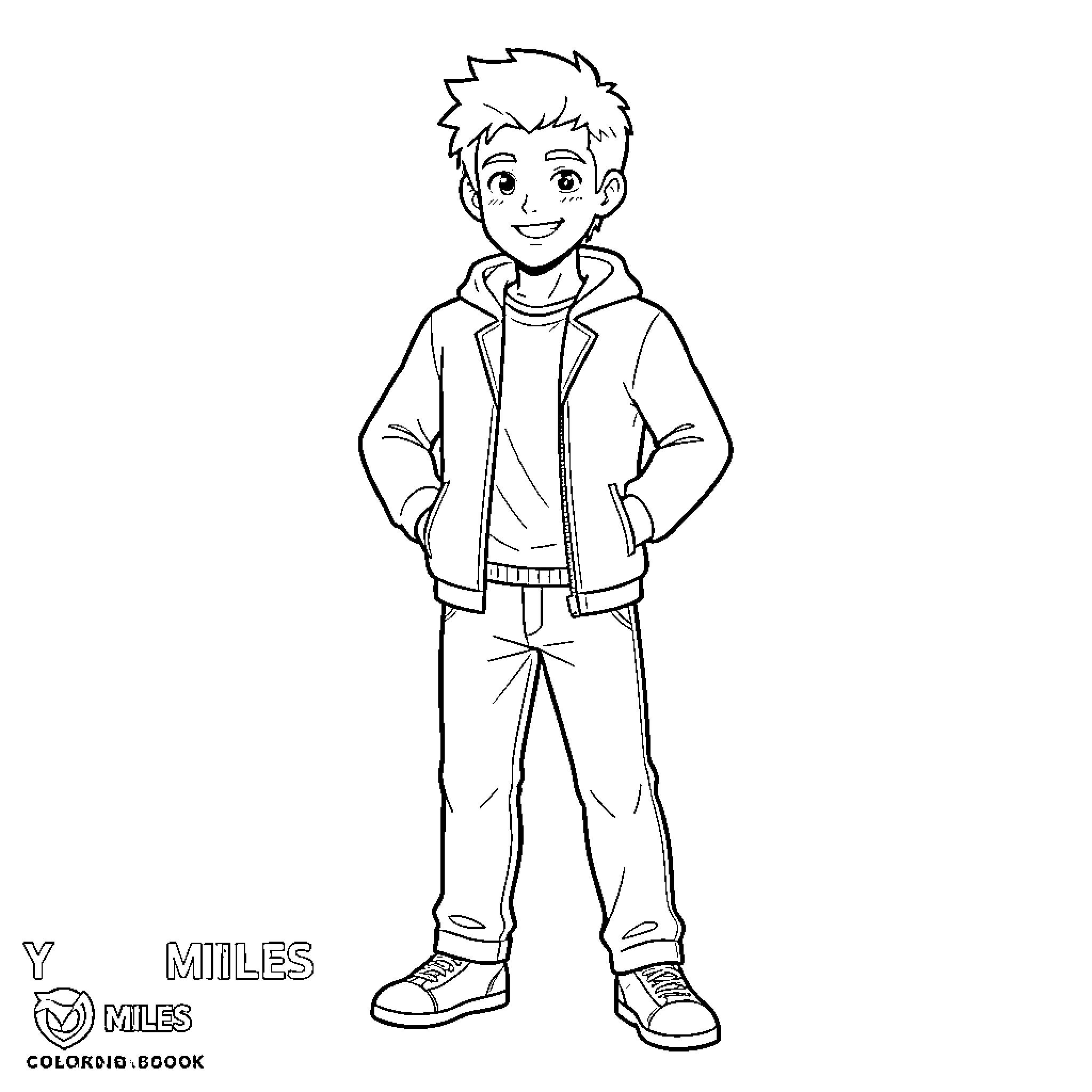 Youno boy in casual outfit smiling happily Coloring Page (free black-and-white line drawing printable PDF for all, from beginners to advanced learners, including children, teens, adults, and seniors)