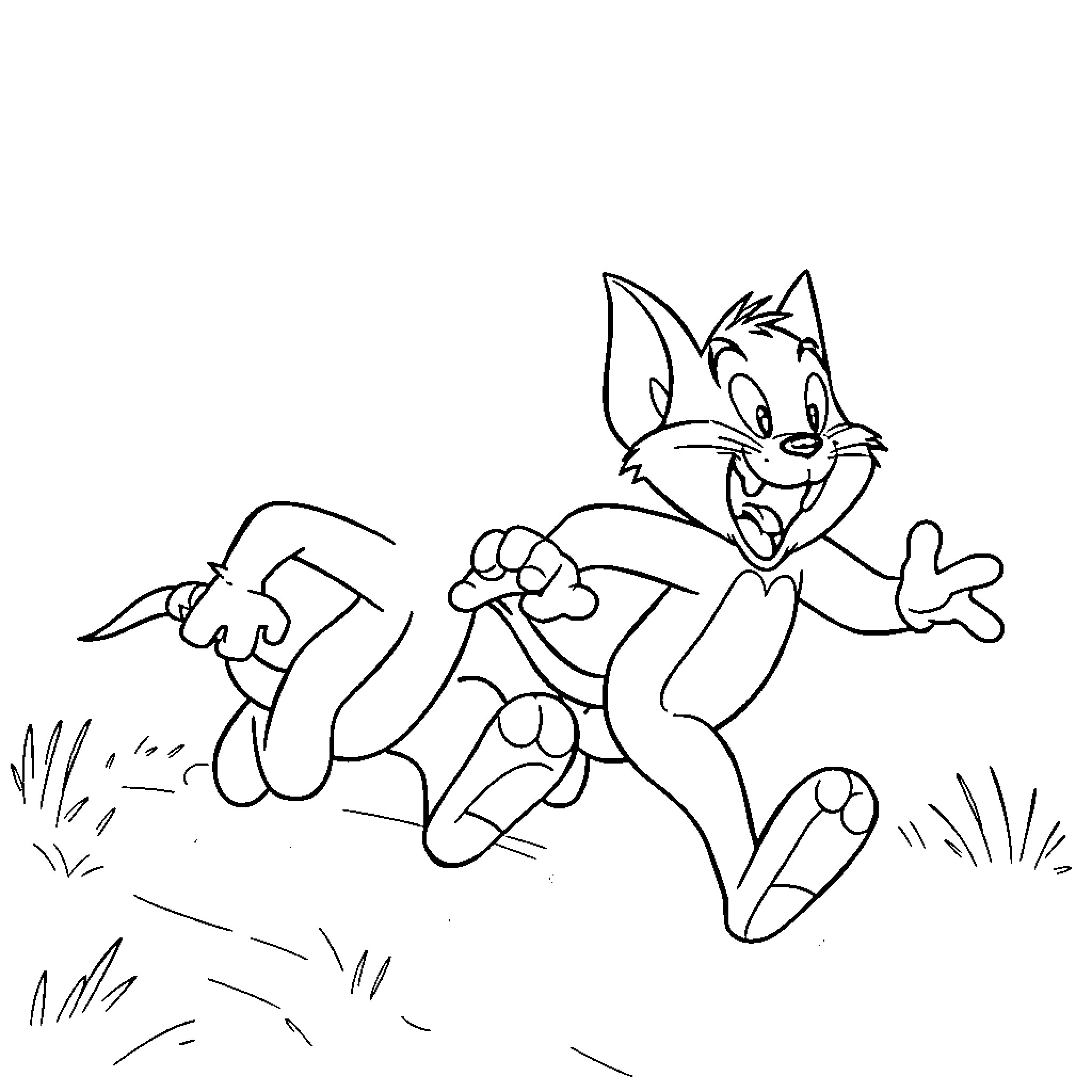 Tom and Jerry running joyfully through a field Coloring Page (free black-and-white line drawing printable PDF for all, from beginners to advanced learners, including children, teens, adults, and seniors)