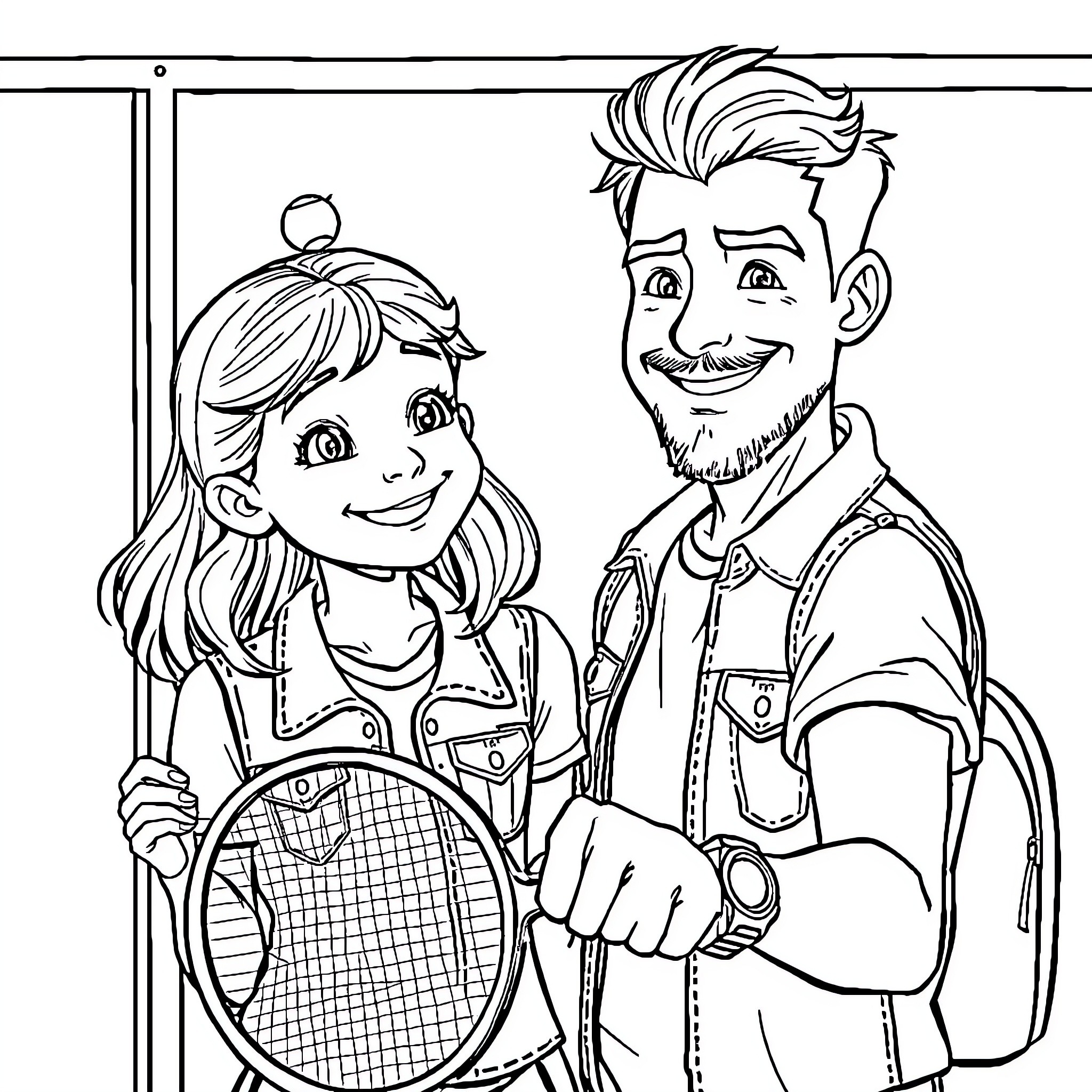 Girl and man playing tennis together Coloring Page (free black-and-white line drawing printable PDF for all, from beginners to advanced learners, including children, teens, adults, and seniors)