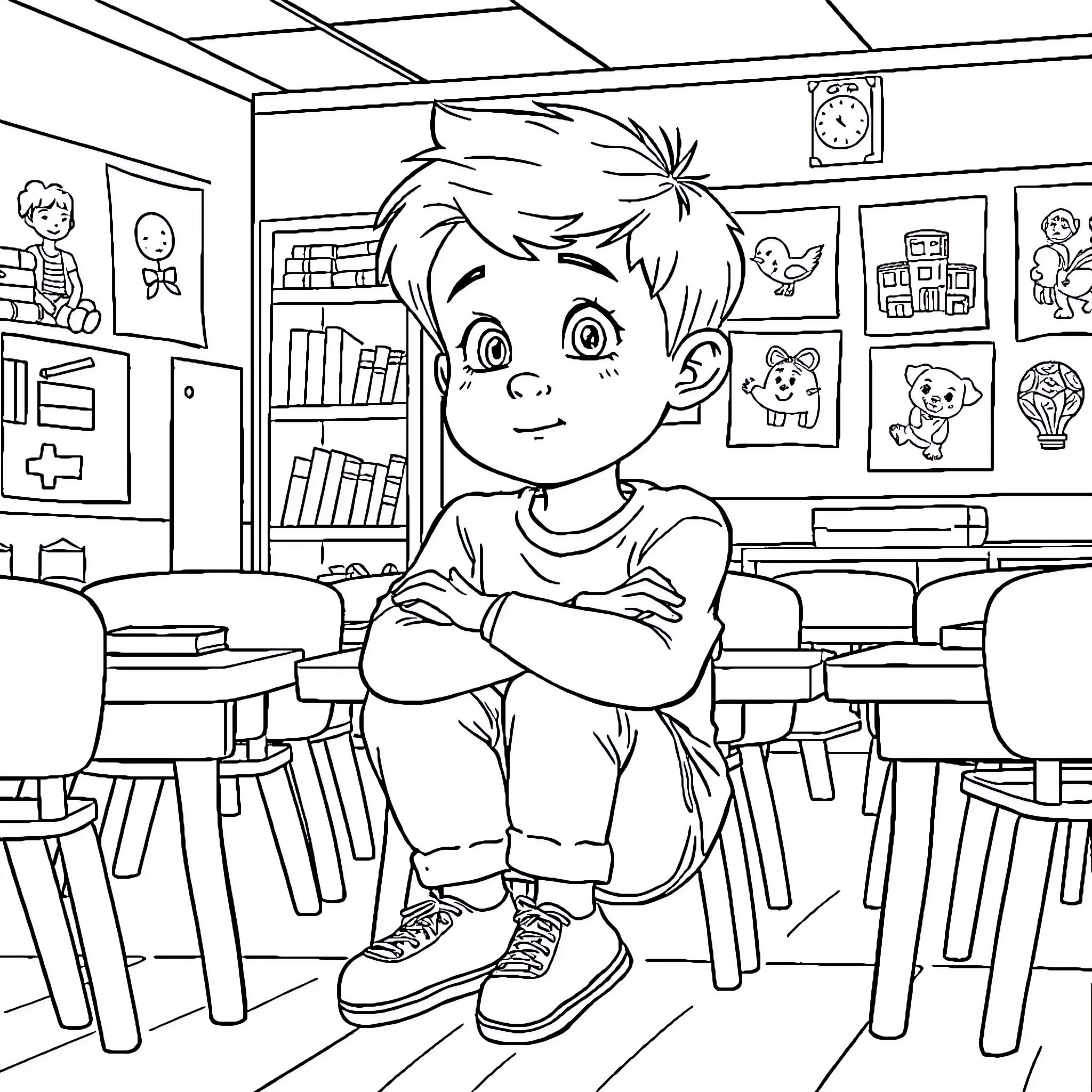 Child sitting alone in classroom Coloring Page (free black-and-white line drawing printable PDF for all, from beginners to advanced learners, including children, teens, adults, and seniors)