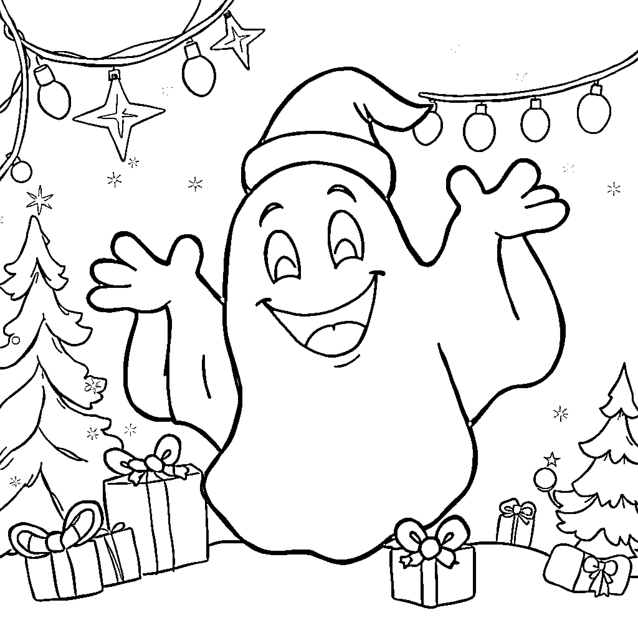 Ghost Celebrating the Holidays with Festive Decorations Coloring Page (free black-and-white line drawing printable PDF for all, from beginners to advanced learners, including children, teens, adults, and seniors)