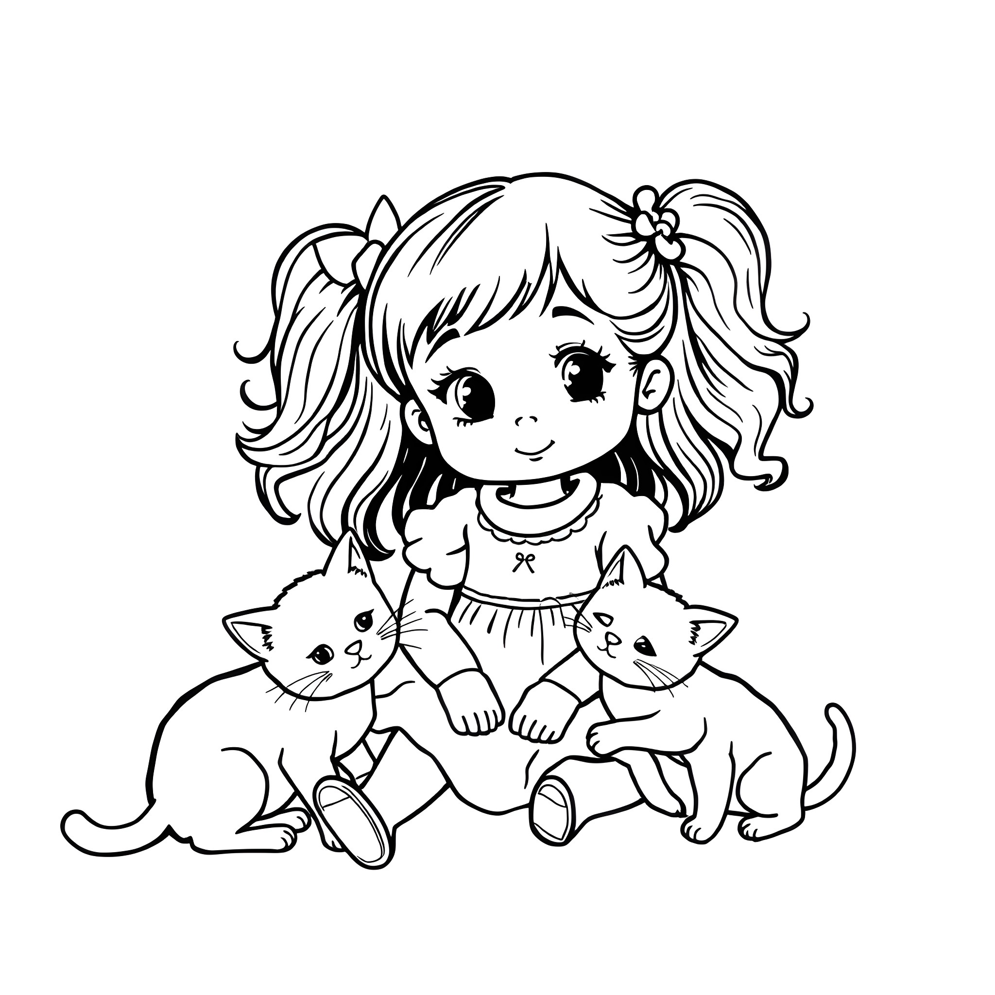 Girl playing with kittens Coloring Page (free black-and-white line drawing printable PDF for all, from beginners to advanced learners, including children, teens, adults, and seniors)