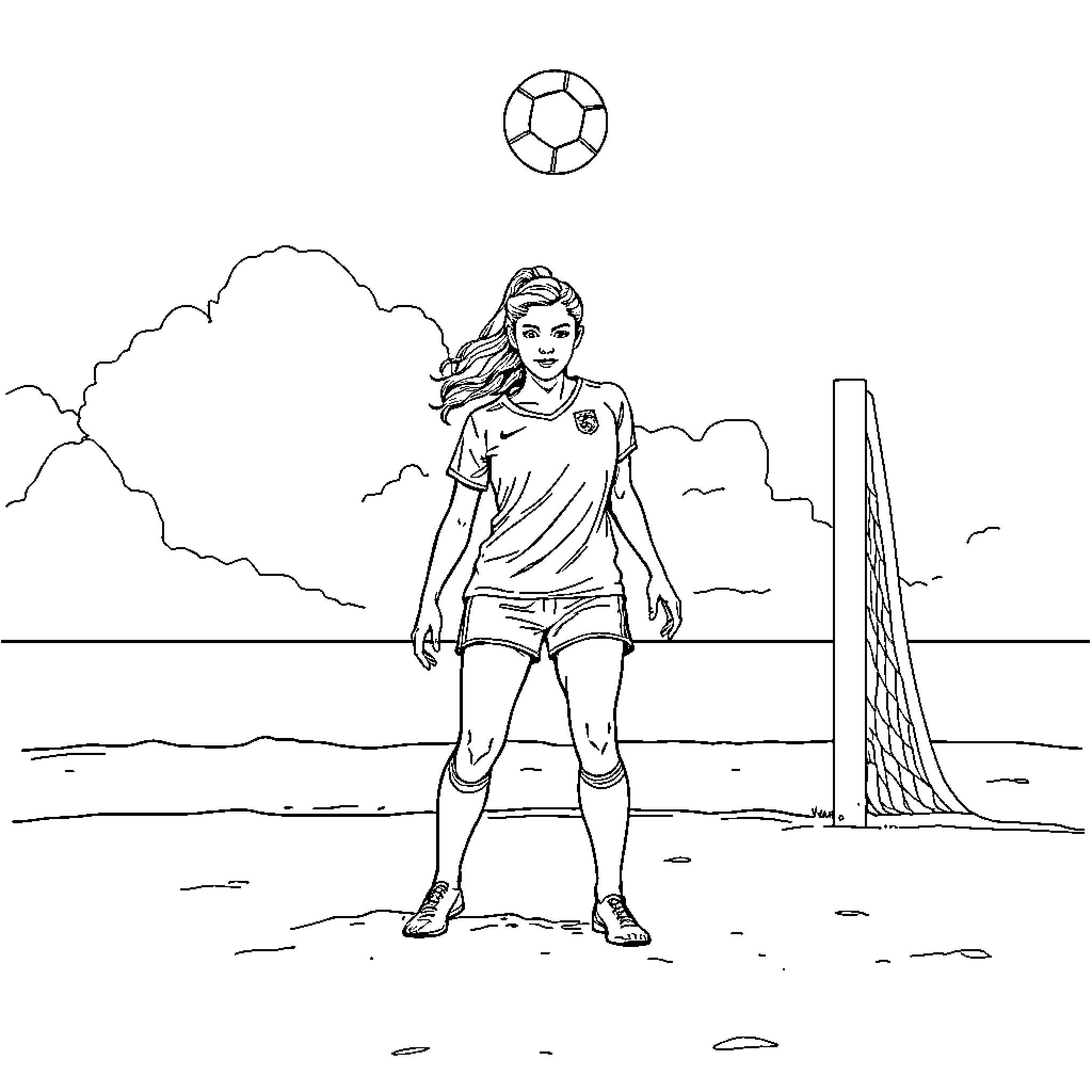 Female soccer player enjoying the game on the field Coloring Page (free black-and-white line drawing printable PDF for all, from beginners to advanced learners, including children, teens, adults, and seniors)