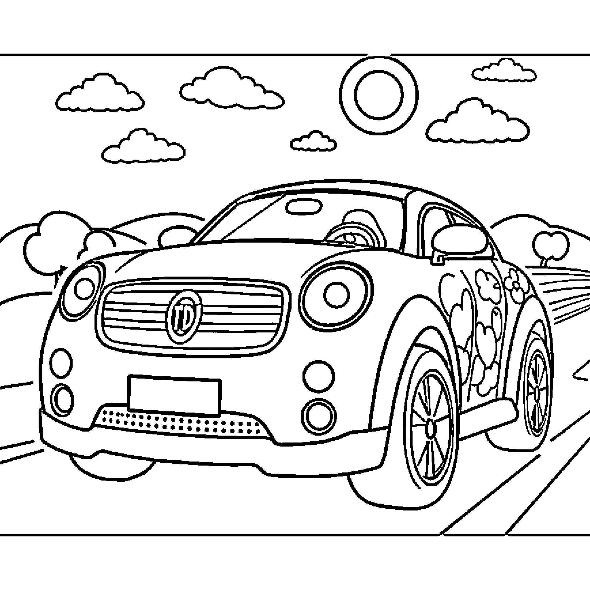 Car driving through a cartoon landscape Coloring Page (free black-and-white line drawing printable PDF for all, from beginners to advanced learners, including children, teens, adults, and seniors)