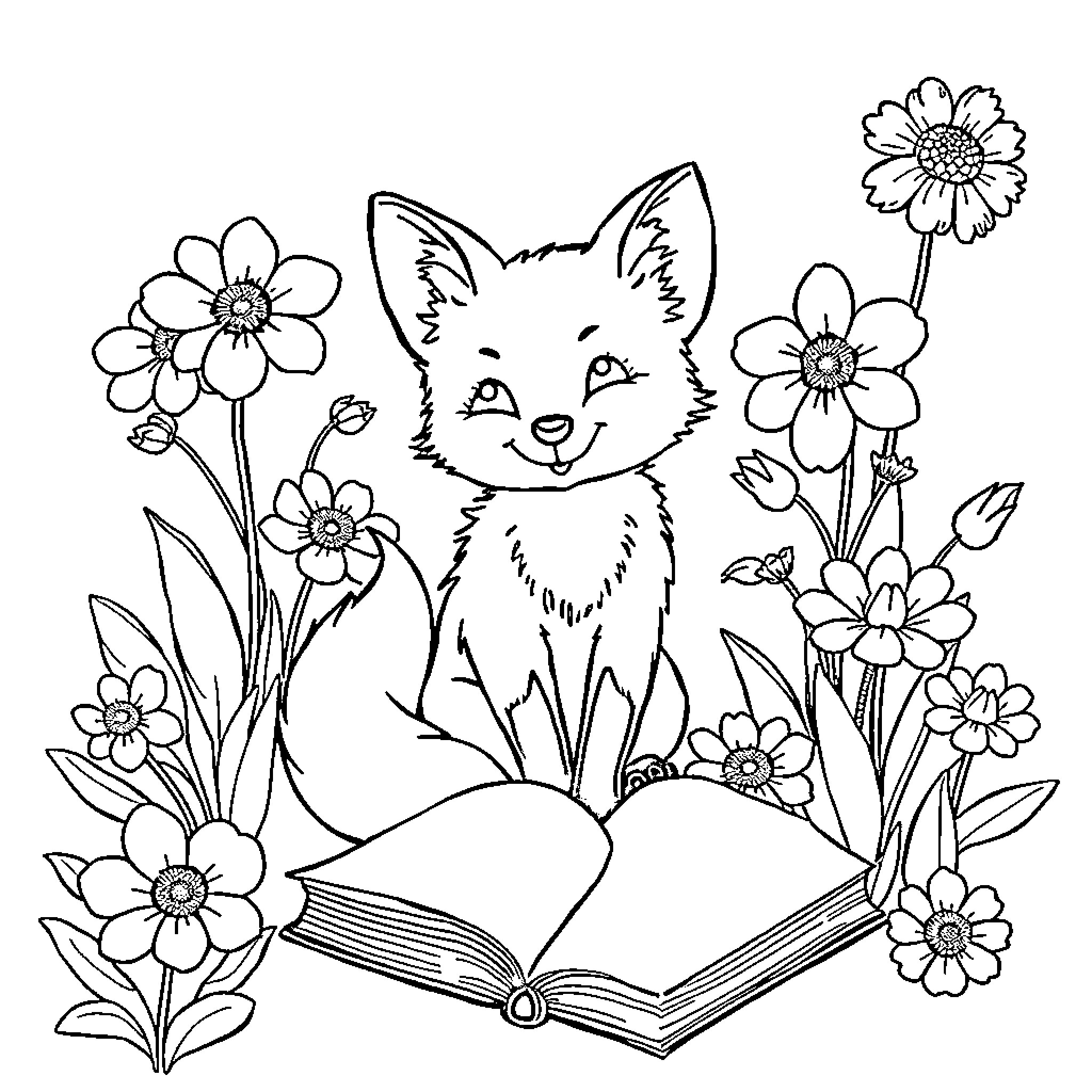 Fox reading a book surrounded by flowers Coloring Page (free black-and-white line drawing printable PDF for all, from beginners to advanced learners, including children, teens, adults, and seniors)