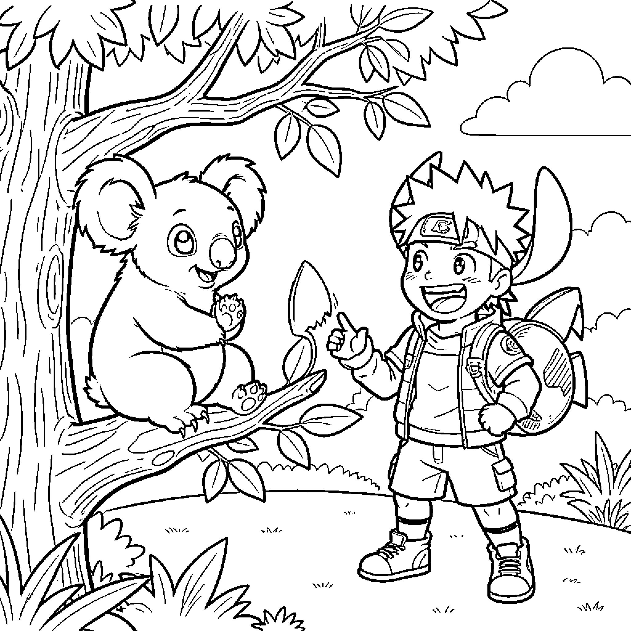 Koala smiling while interacting with a young boy Coloring Page (free black-and-white line drawing printable PDF for all, from beginners to advanced learners, including children, teens, adults, and seniors)