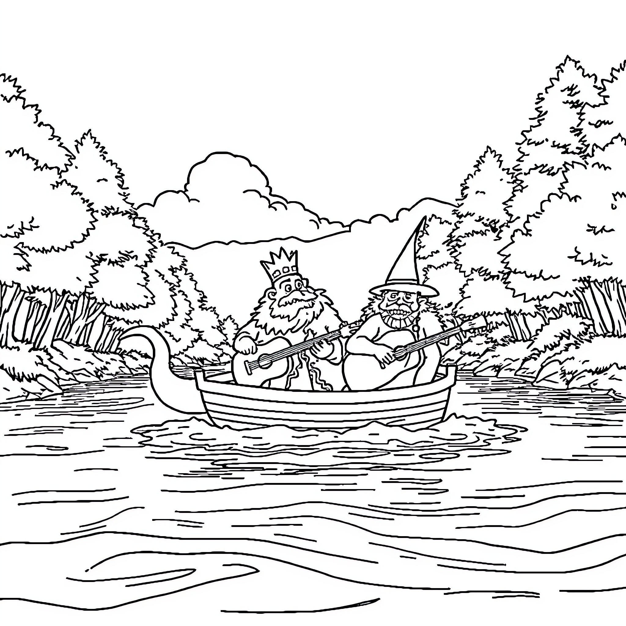 King Grizzard's Adventurous Boat Ride with Friends Coloring Page (free black-and-white line drawing printable PDF for all, from beginners to advanced learners, including children, teens, adults, and seniors)