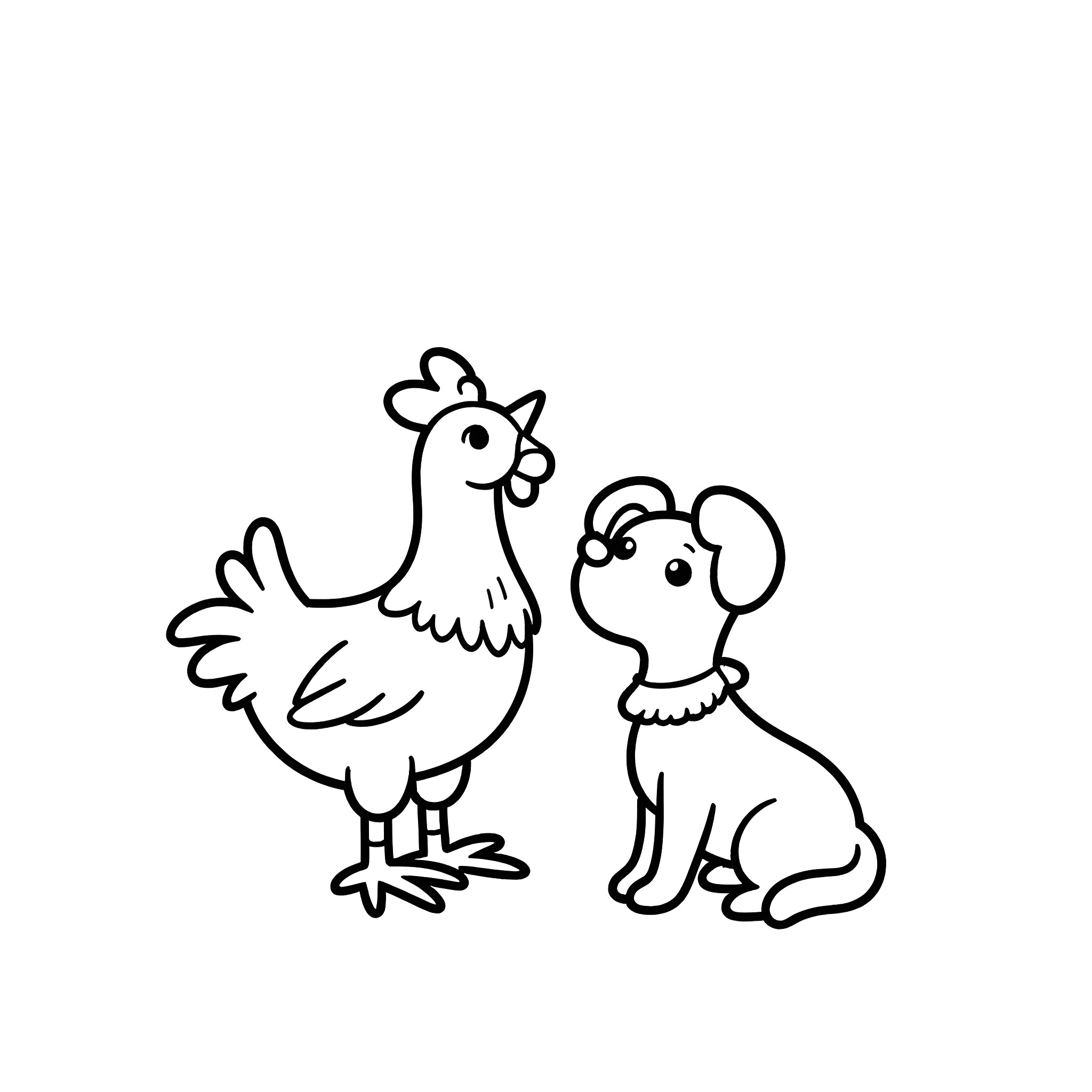 Chicken and Puppy Cartoon Illustrations Coloring Page (free black-and-white line drawing printable PDF for all, from beginners to advanced learners, including children, teens, adults, and seniors)